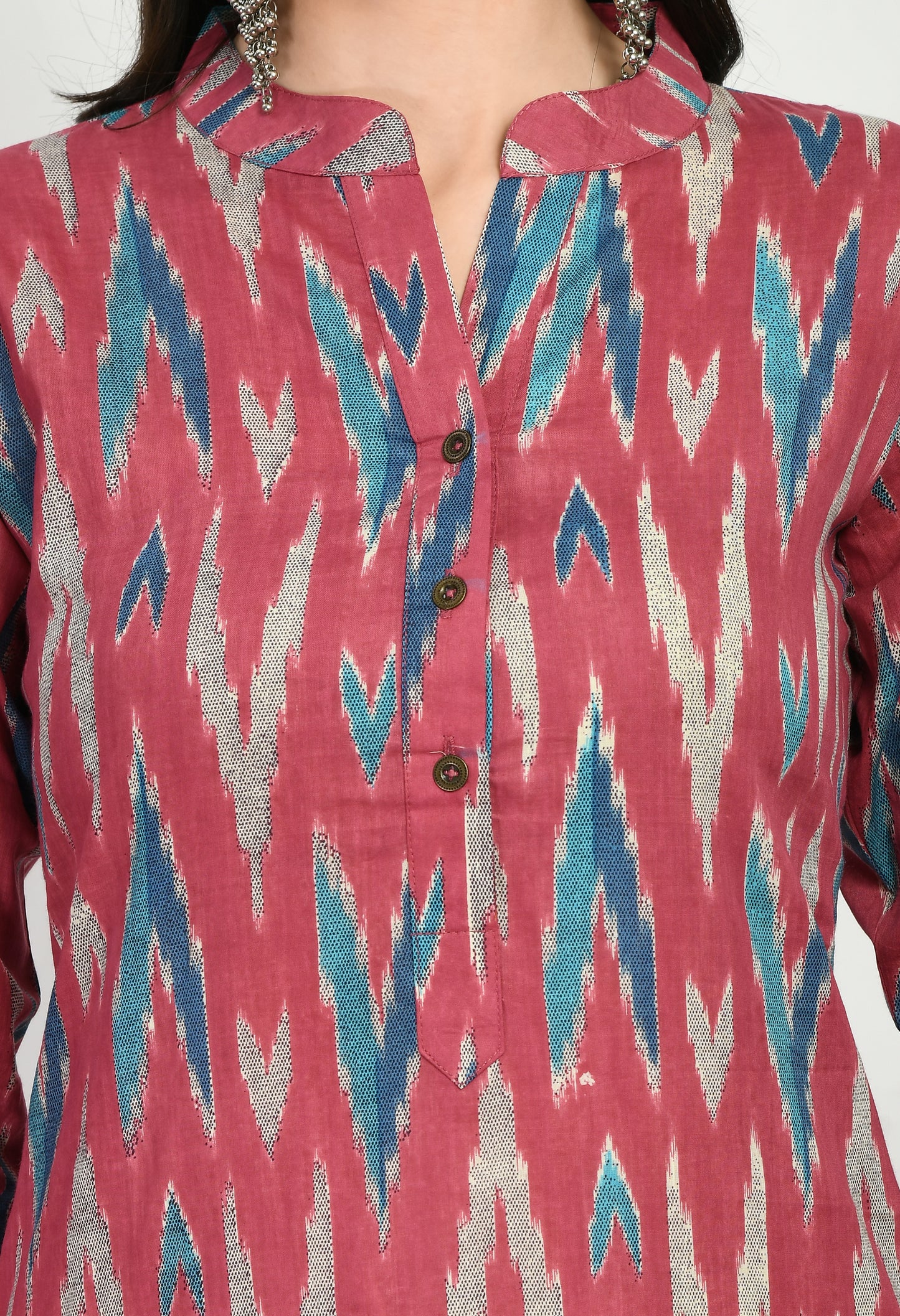 MAURYA Women's Cotton Ikkat Print Pink Color Calf Length Straight Kurta (MKT027)