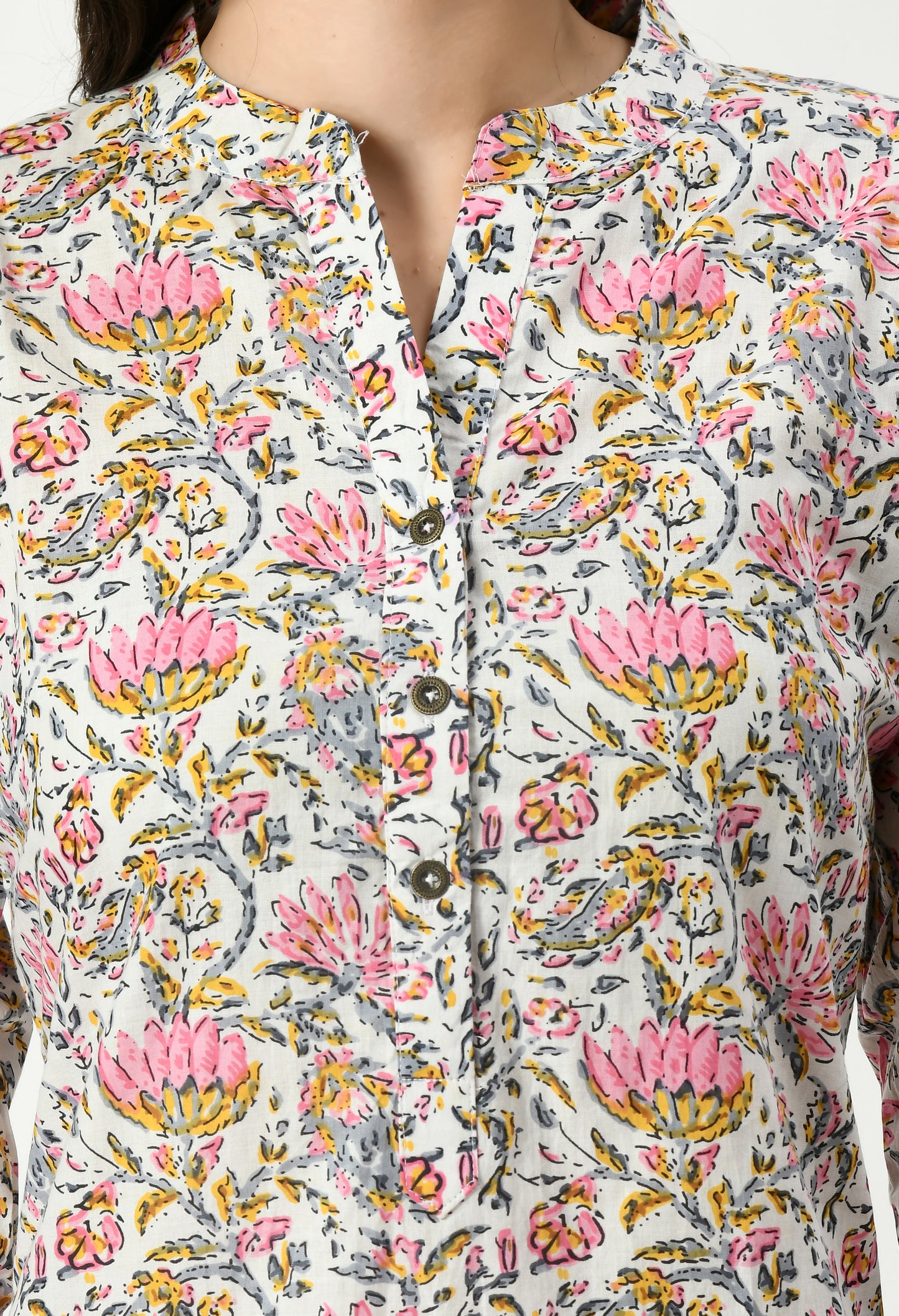 MAURYA Women's Pure Cotton Multicolor Calf Length Floral Print with Functional Buttons Straight Kurti (MKT076)