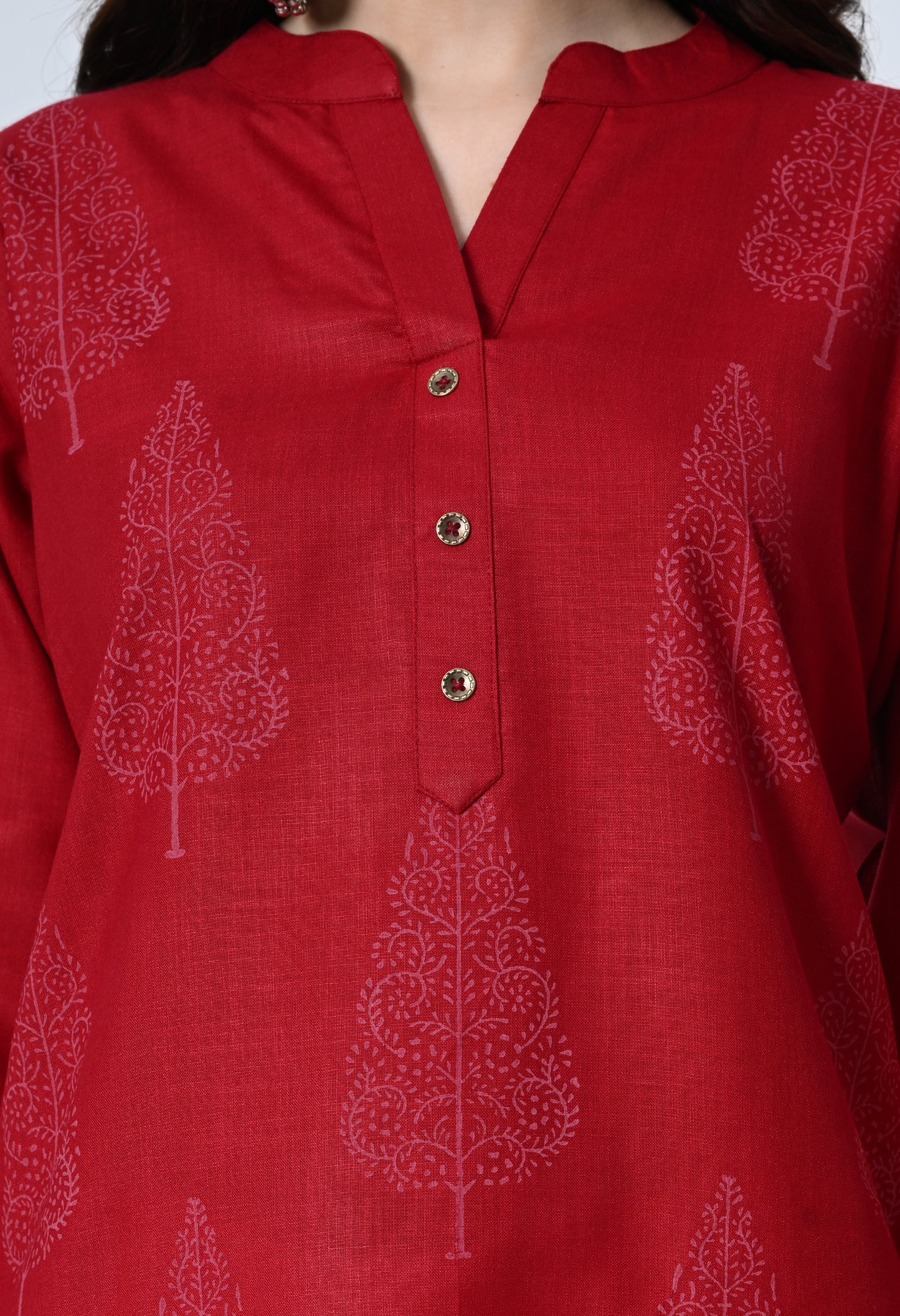 MAURYA Women's Cotton Blend Printed Maroon Calf Length High Neck Straight Kurta (MKT139)
