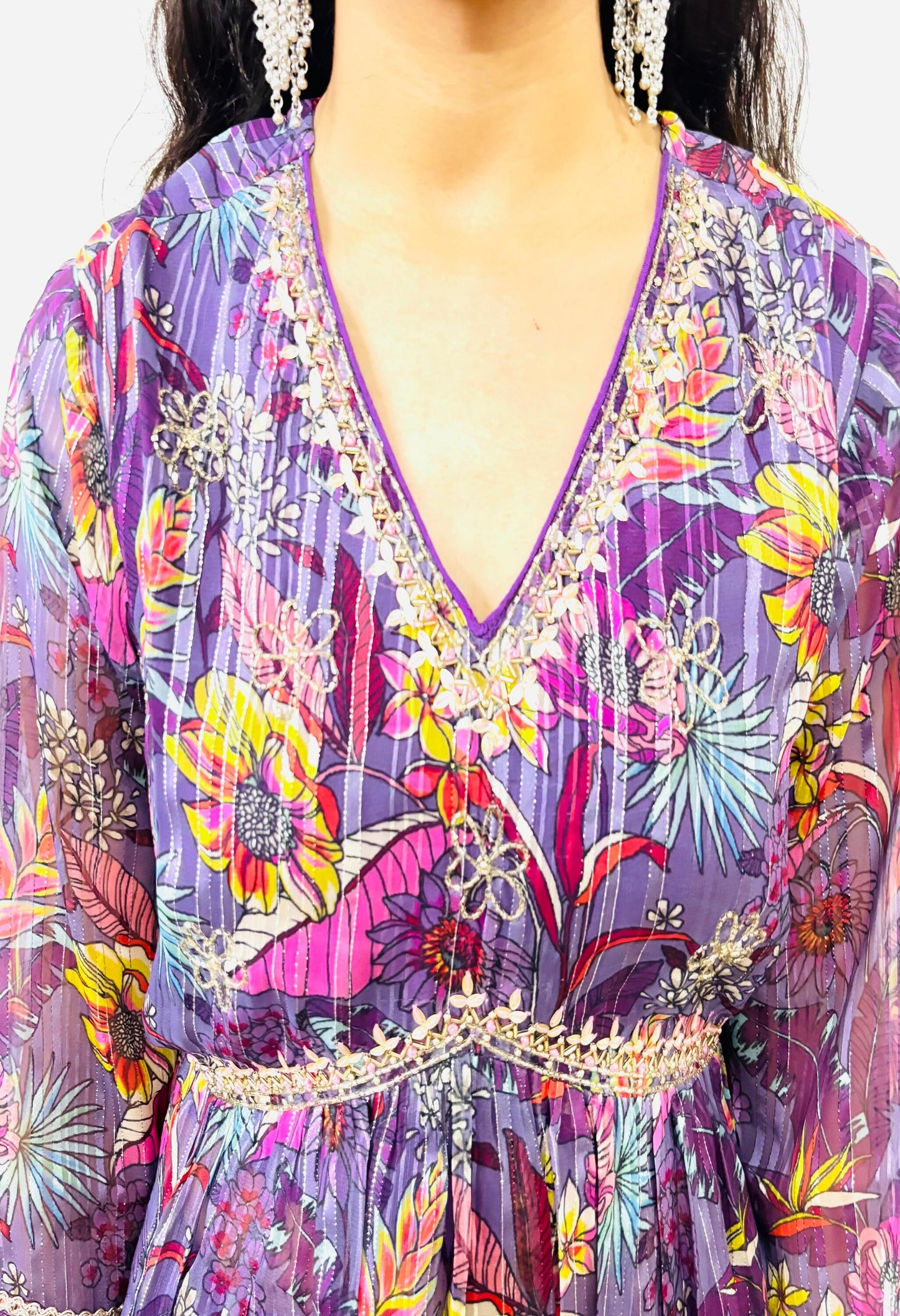 MAURYA Women Purple Printed Chiffon Naira Cut Set with Dupatta (WMKS025)