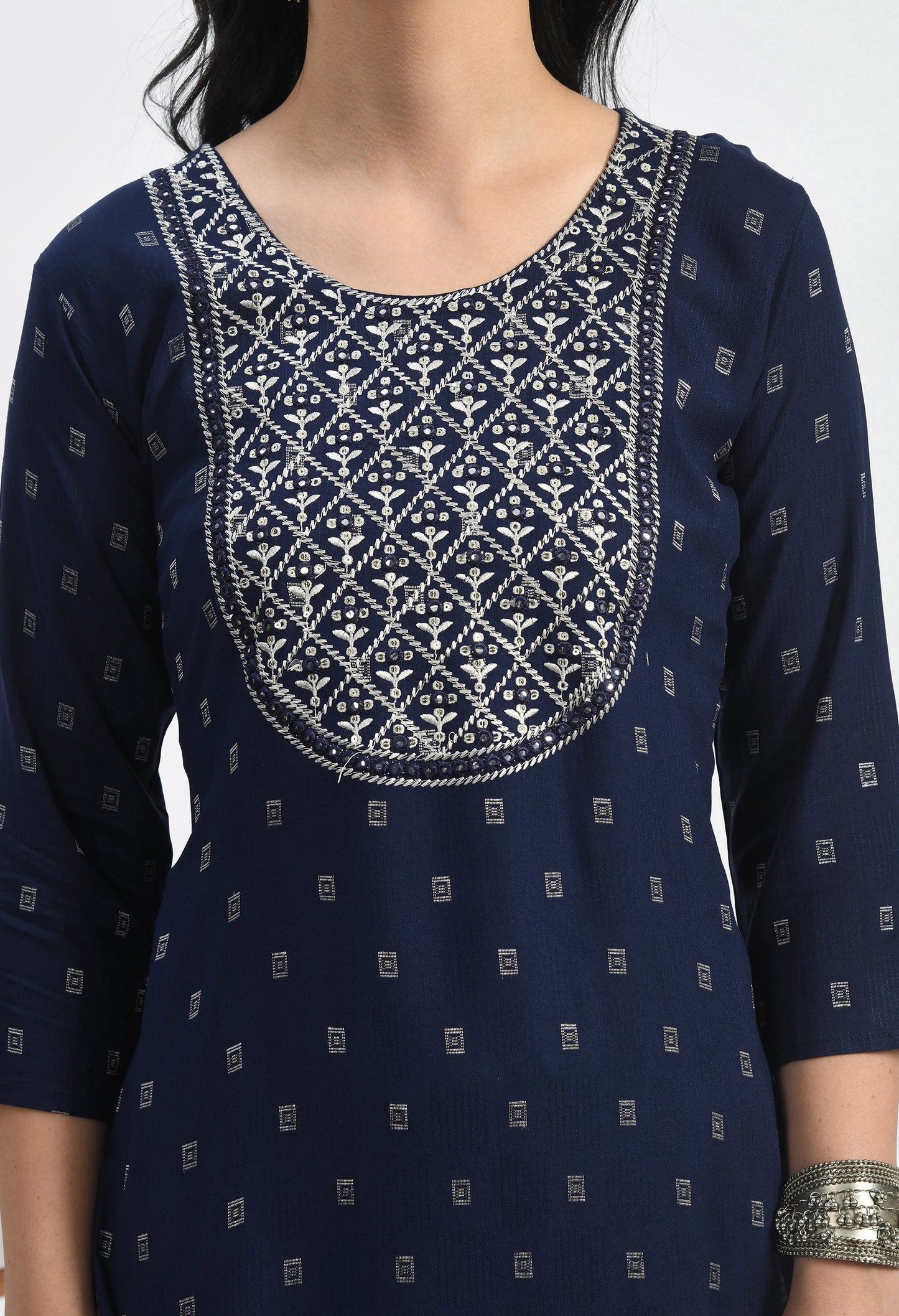 MAURYA Women's Navy Self Rayon Boota Solid Straight Kurta with Computer Embroidery Mirror Work Kurti (MKT112)