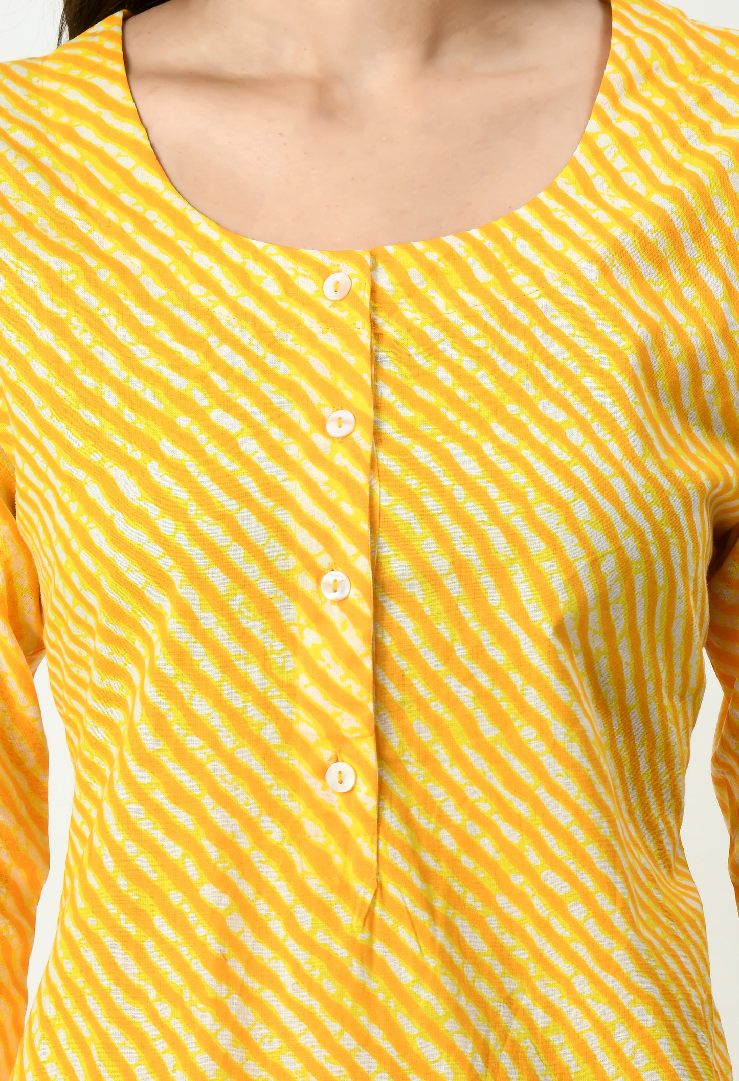 MAURYA Women's Cotton Yellow Color Lehriya Print Calf Length Round Neck Straight Kurti (MKT078)