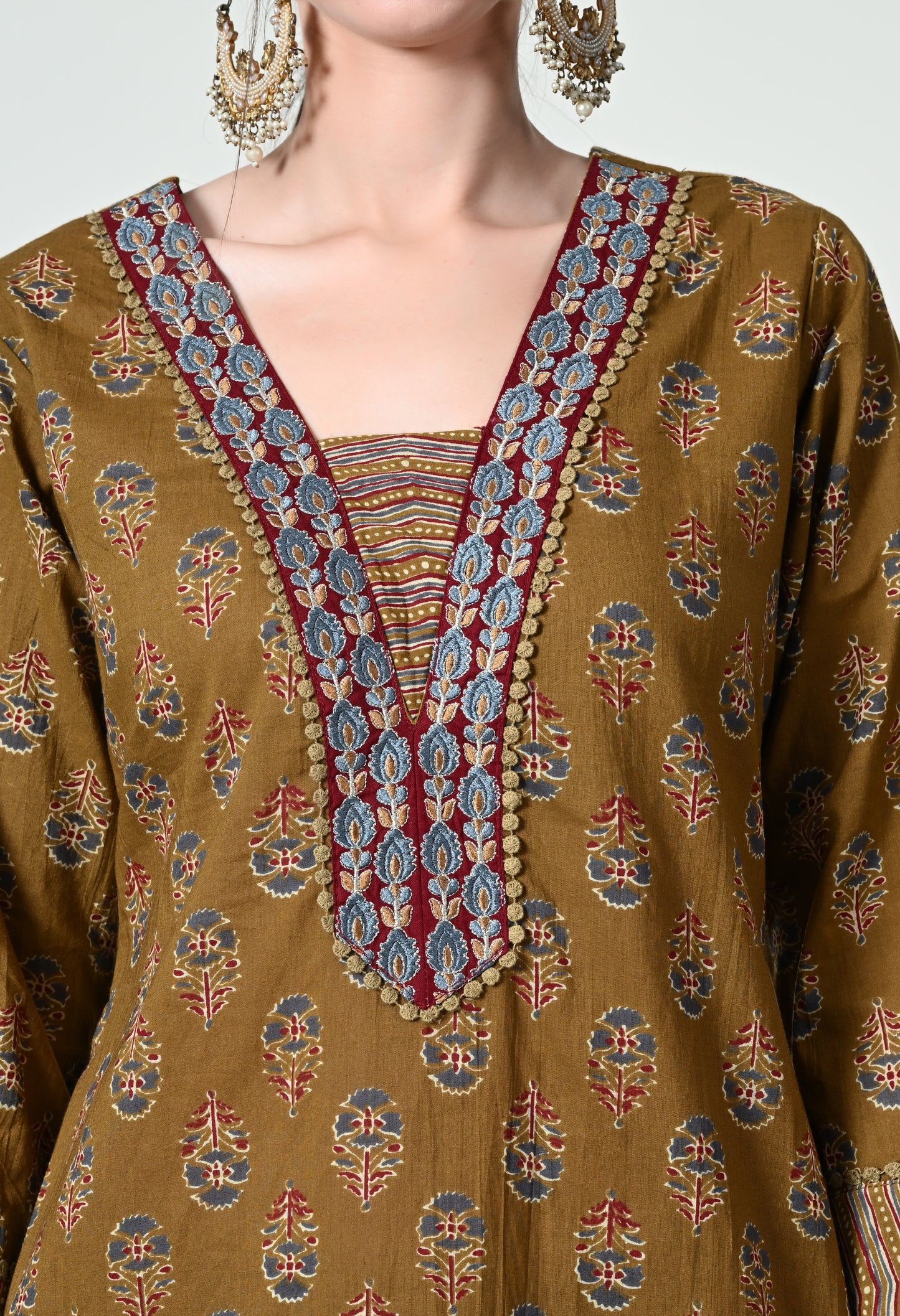 MAURYA Women's 100% Cotton Kalamkari Print Mustard Colour Embroidery with Lace Kurta Set with Trendy Dupatta (WMKS003)