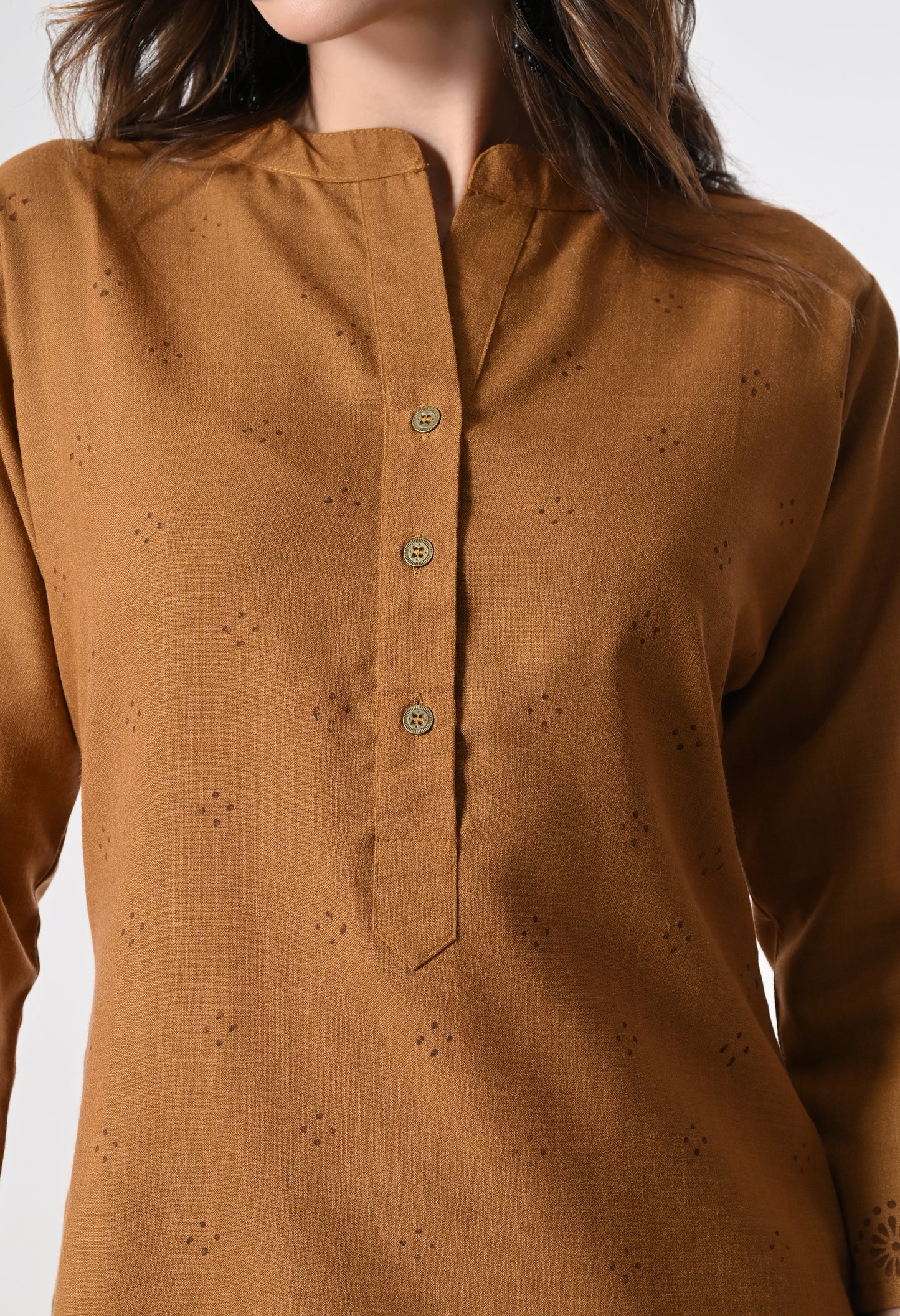 MAURYA Women's Cotton Blend Printed Coffee Calf Length High Neck Straight Kurta