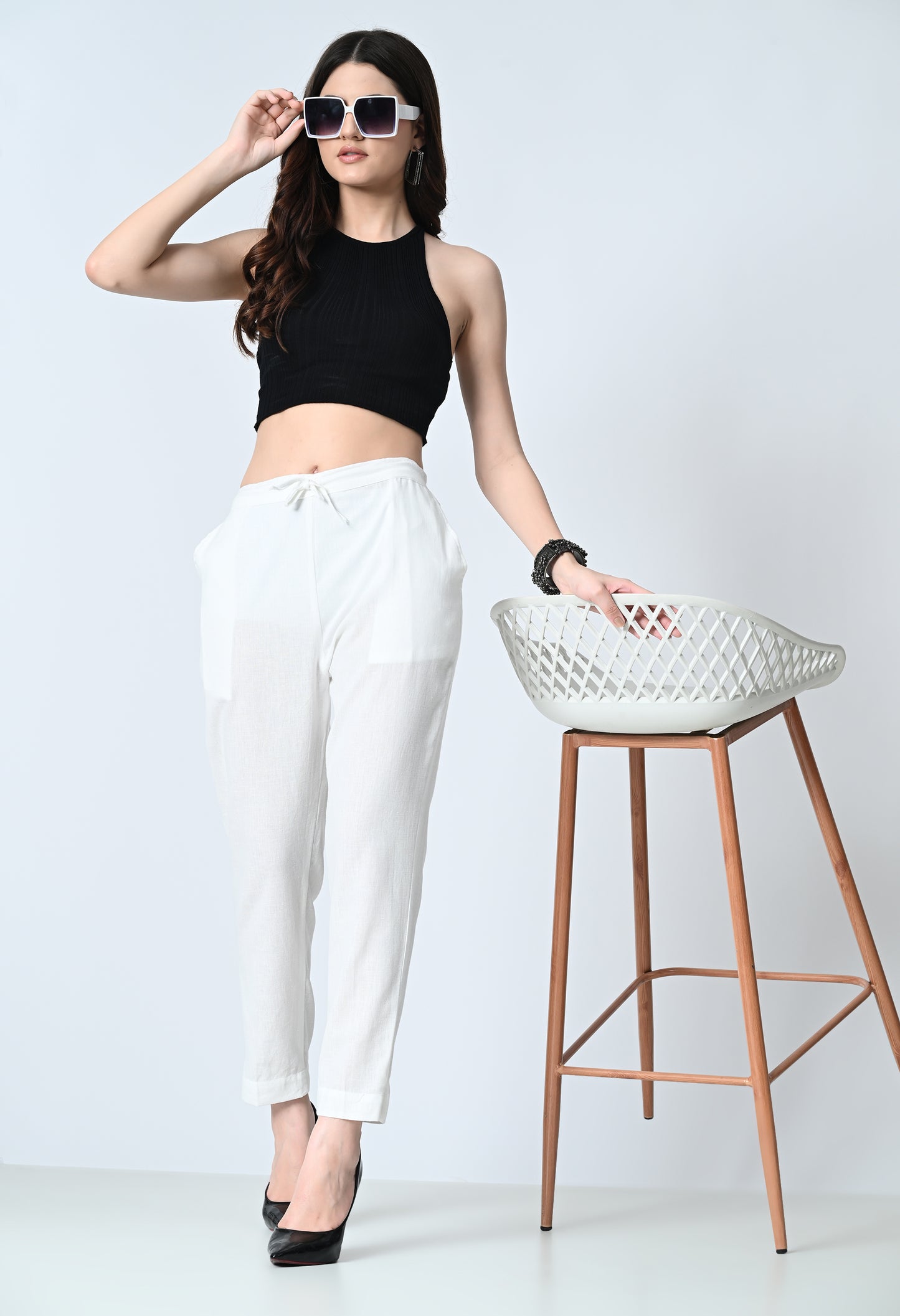 MAURYA Women's White Solid 100% Cotton Pant with 2 Side Pockets (MPT017)