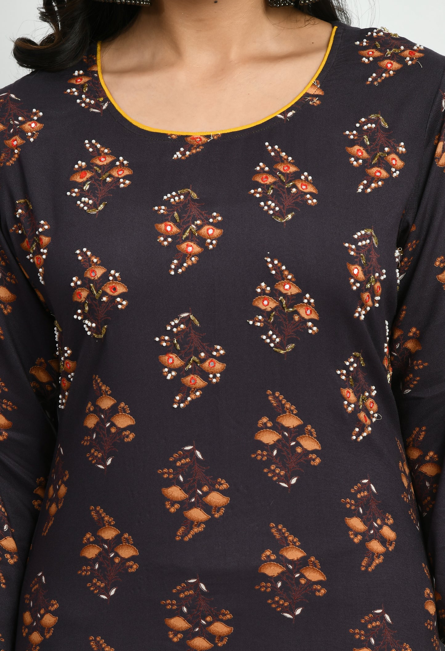 MAURYA Women's Rayon Coffee Solid Calf Length Floral Print with Beads and Mirror Straight Kurti with Mask (MKT047)