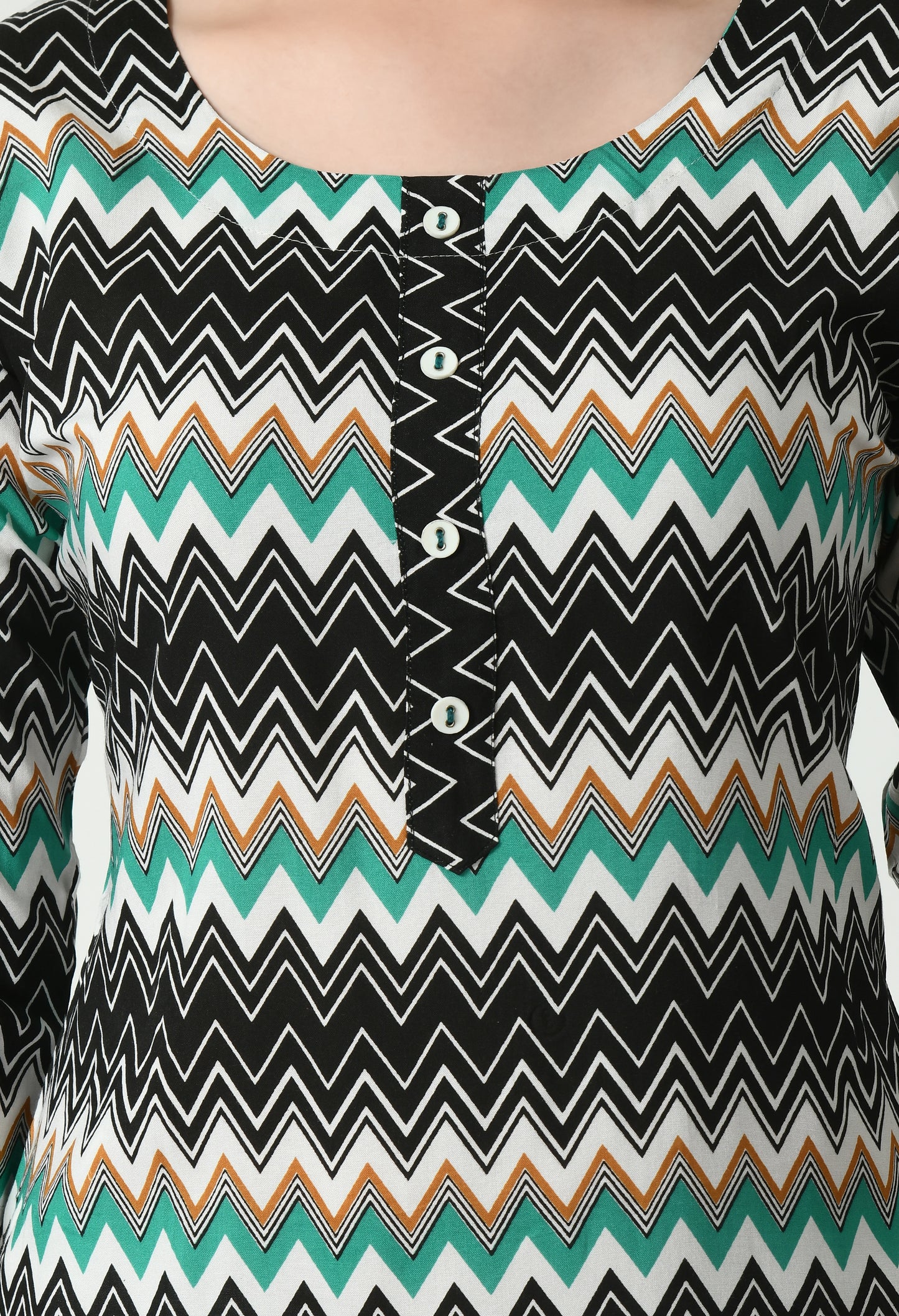 MAURYA Women's Rayon Rama Colour Zig-Zag Print Calf Length Straight Kurta with Buttons (MKT091)