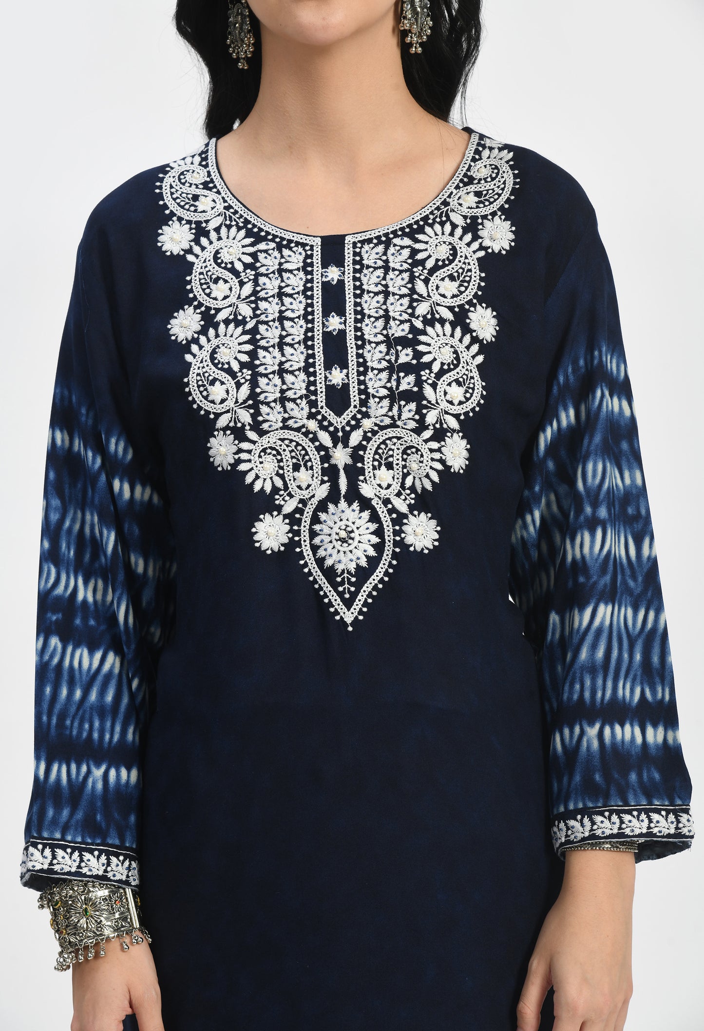 MAURYA Women's Navy Rayon Solid Straight Kurta with Lucknavy Embroidery Moti Work Kurti (MKT114)