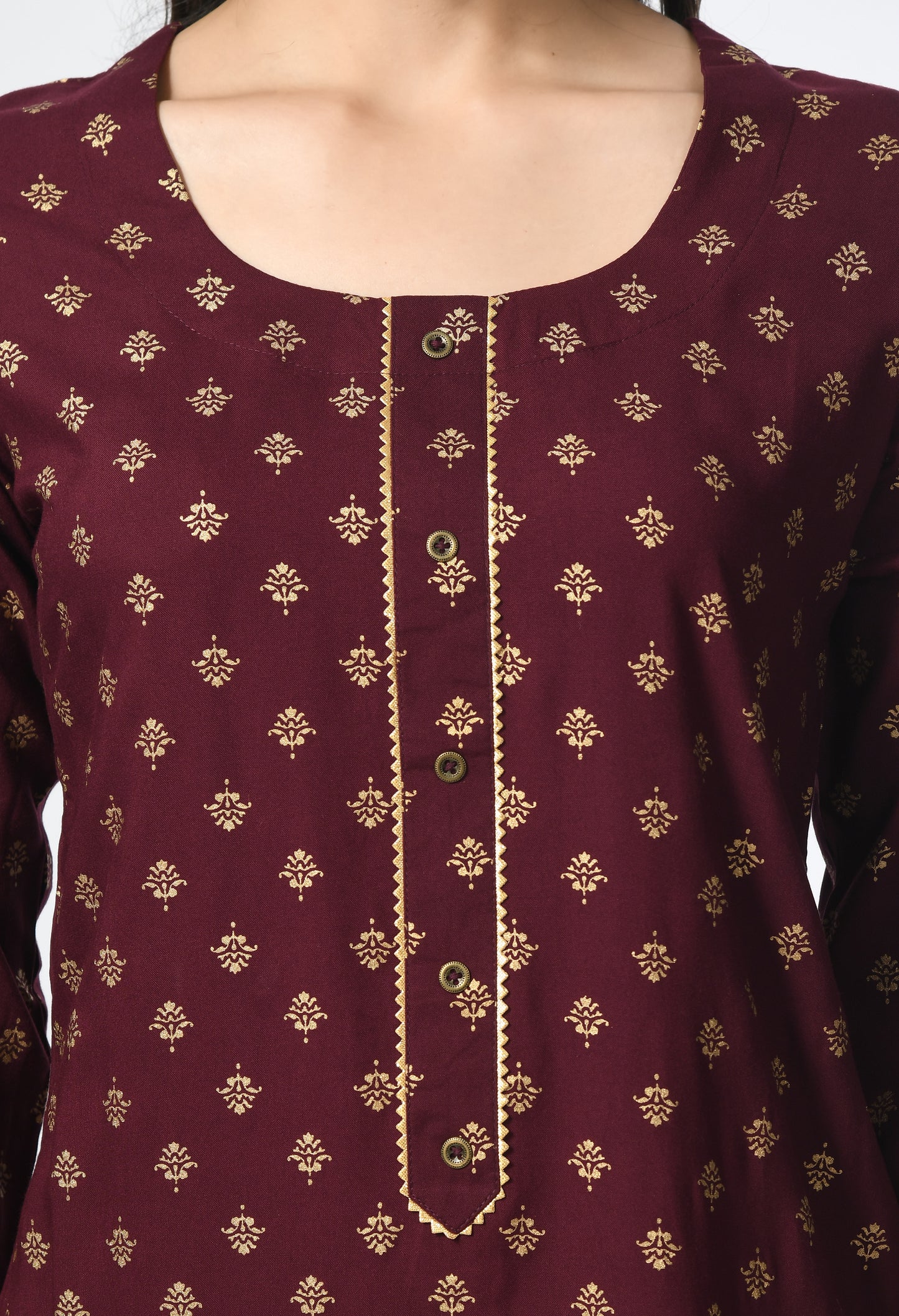 MAURYA Women's Wine Rayon 12Kg Gold Floral Print Lace with Button Straight Kurti (MKT119)