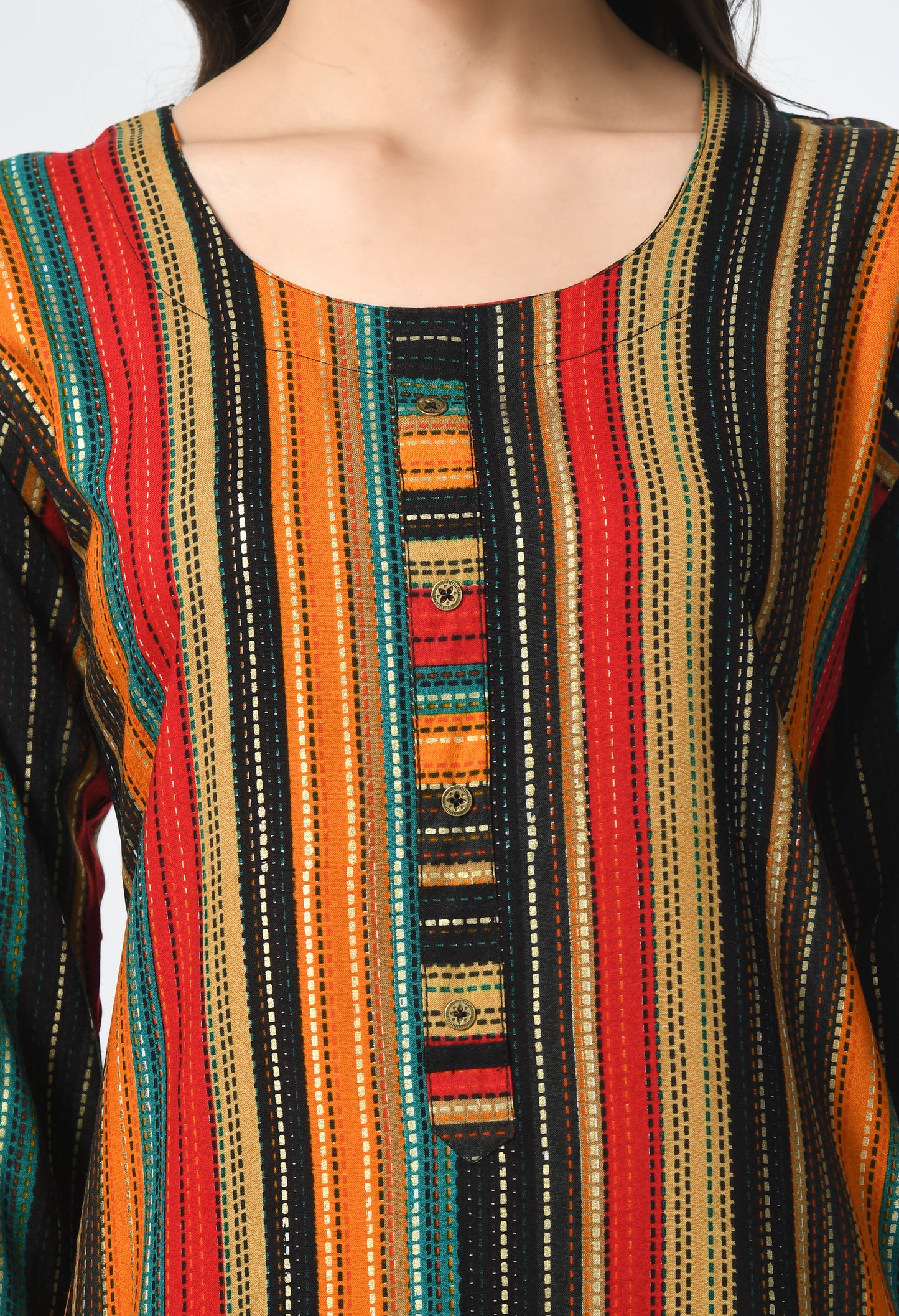 MAURYA Women's Multicolor Rayon 12Kg Striped Straight Button Kurti (MKT118)