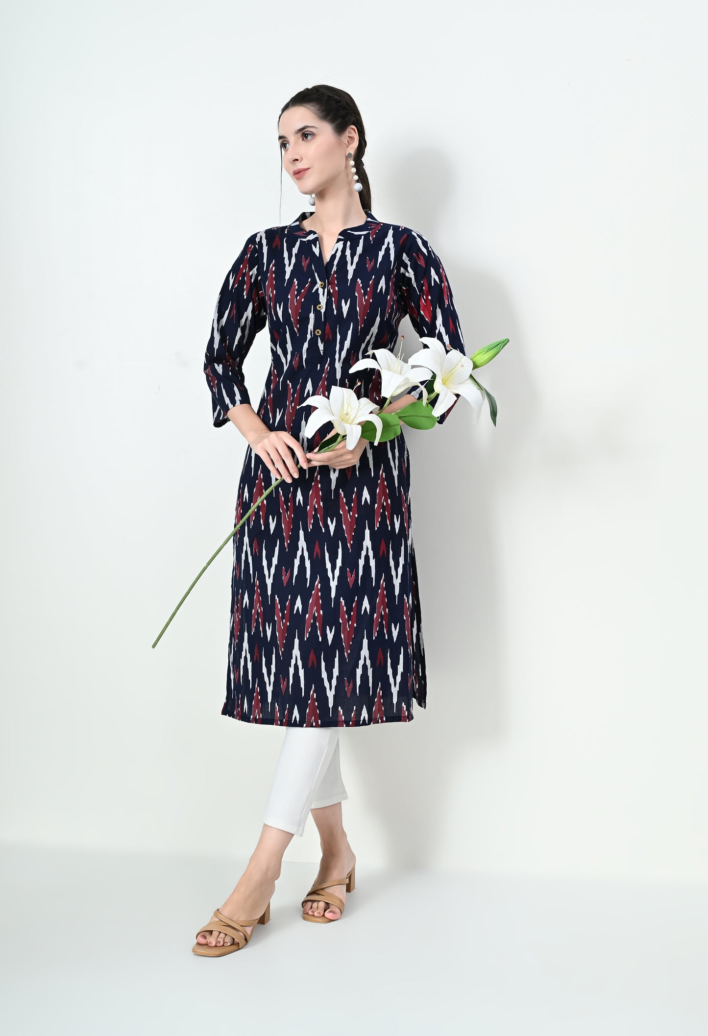 MAURYA Women's Cotton Ikkat Print Navy Blue Calf Length Straight Kurta (MKT140)