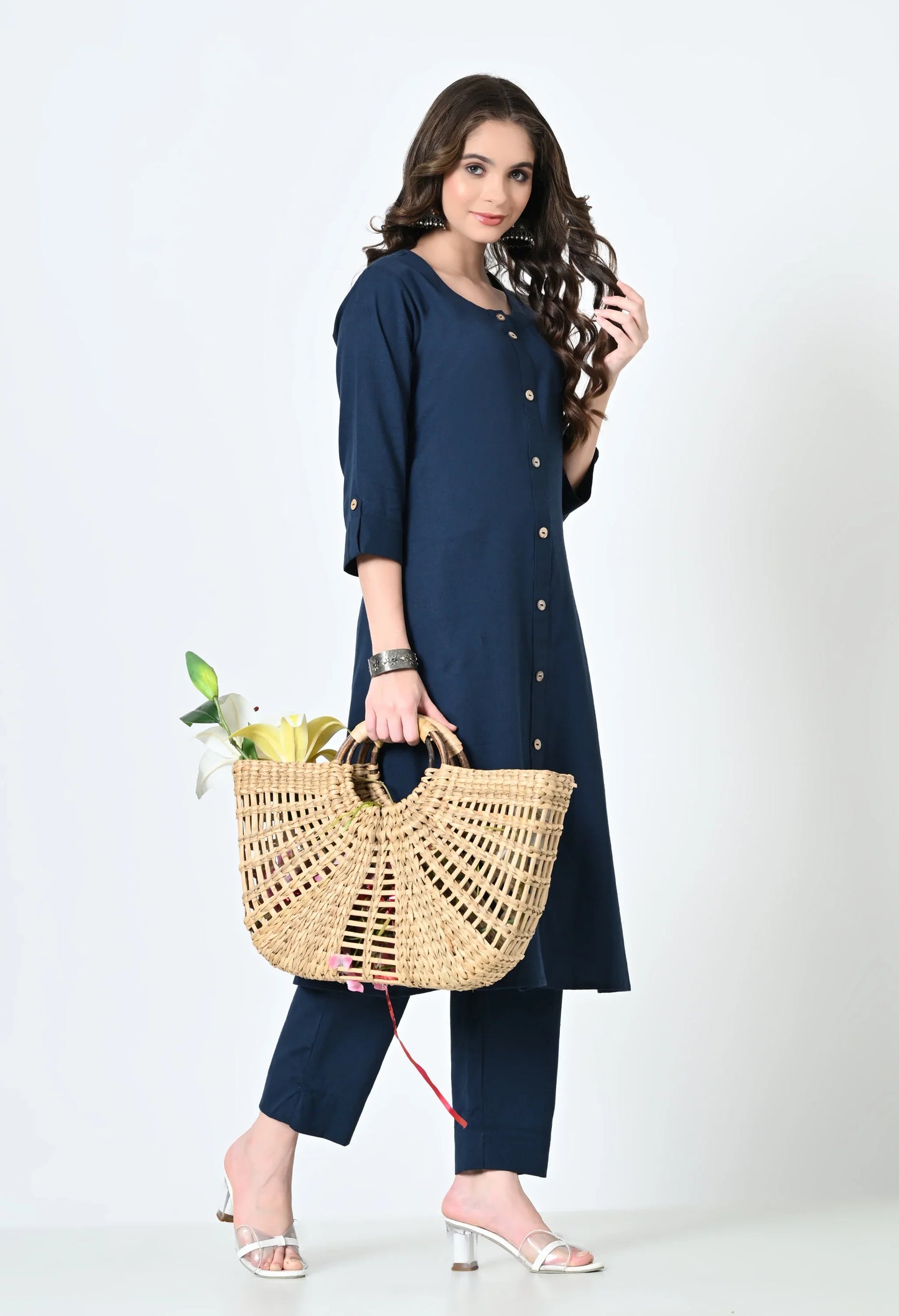 MAURYA Women's Cotton Flex Solid Blue A line Buttoned Kurta with Pant with 2 Side Pocket (MKS042)