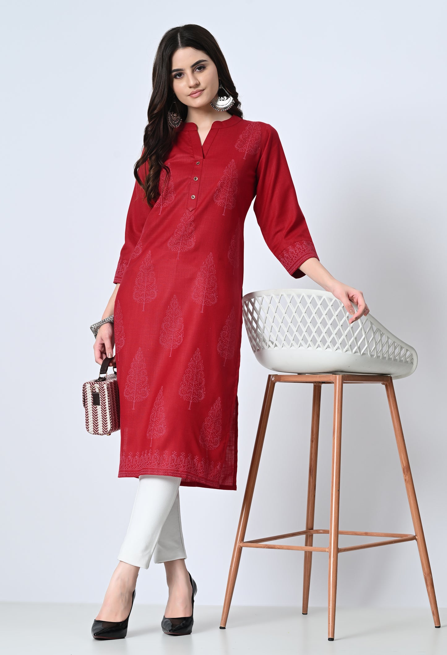 MAURYA Women's Cotton Blend Printed Maroon Calf Length High Neck Straight Kurta (MKT139)
