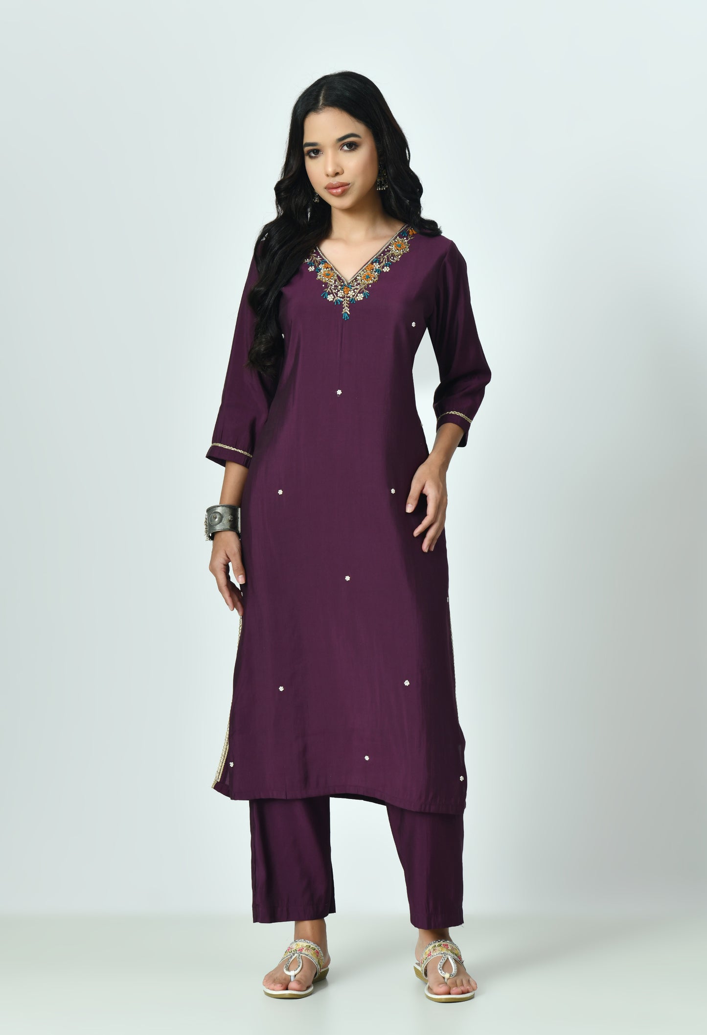 MAURYA Women's Purple Colour Poly Silk Embroidered V-Neck Beautiful Kurta Set with Stylish Dupatta (WMKS001)