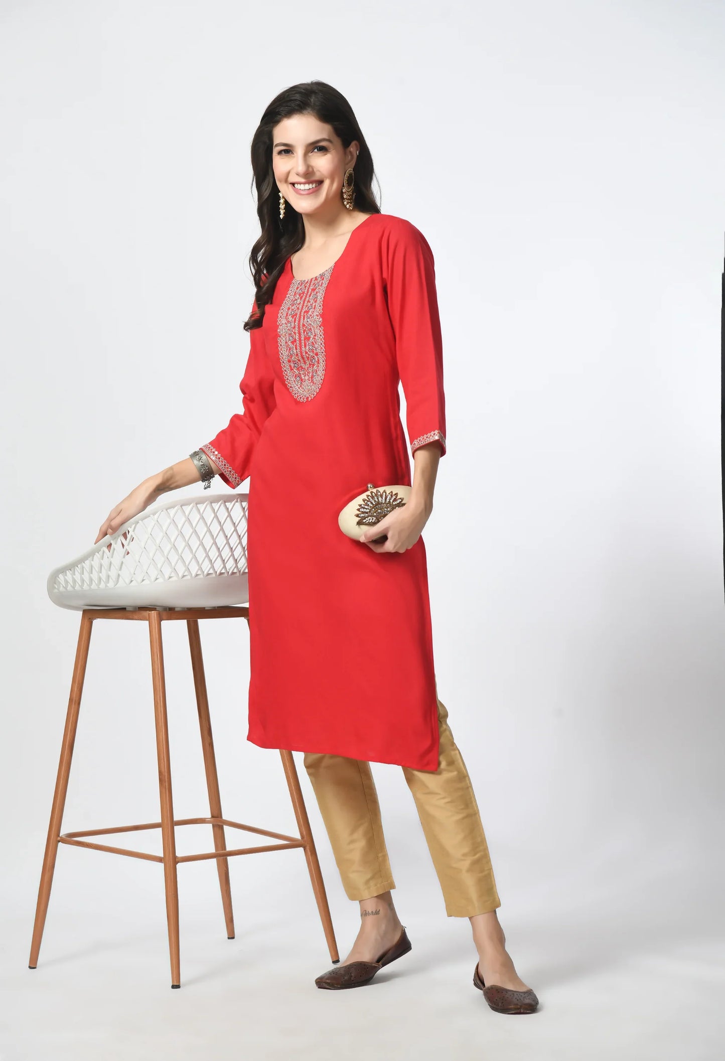 MAURYA Women's Red Rayon Solid Straight Kurta with Computer Embroidery Kurti (MKT116)