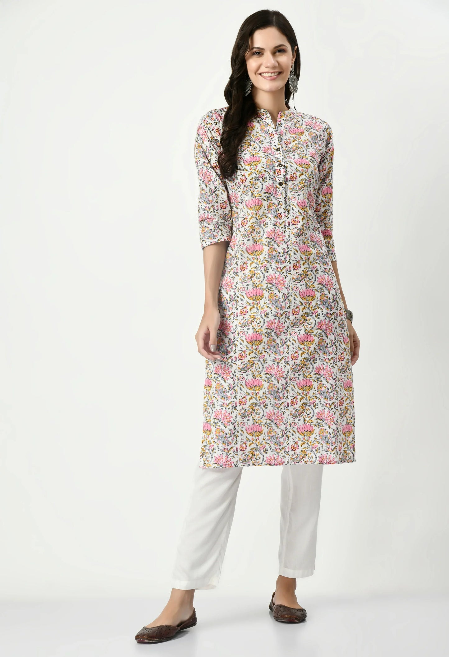 MAURYA Women's Pure Cotton Multicolor Calf Length Floral Print with Functional Buttons Straight Kurti (MKT076)