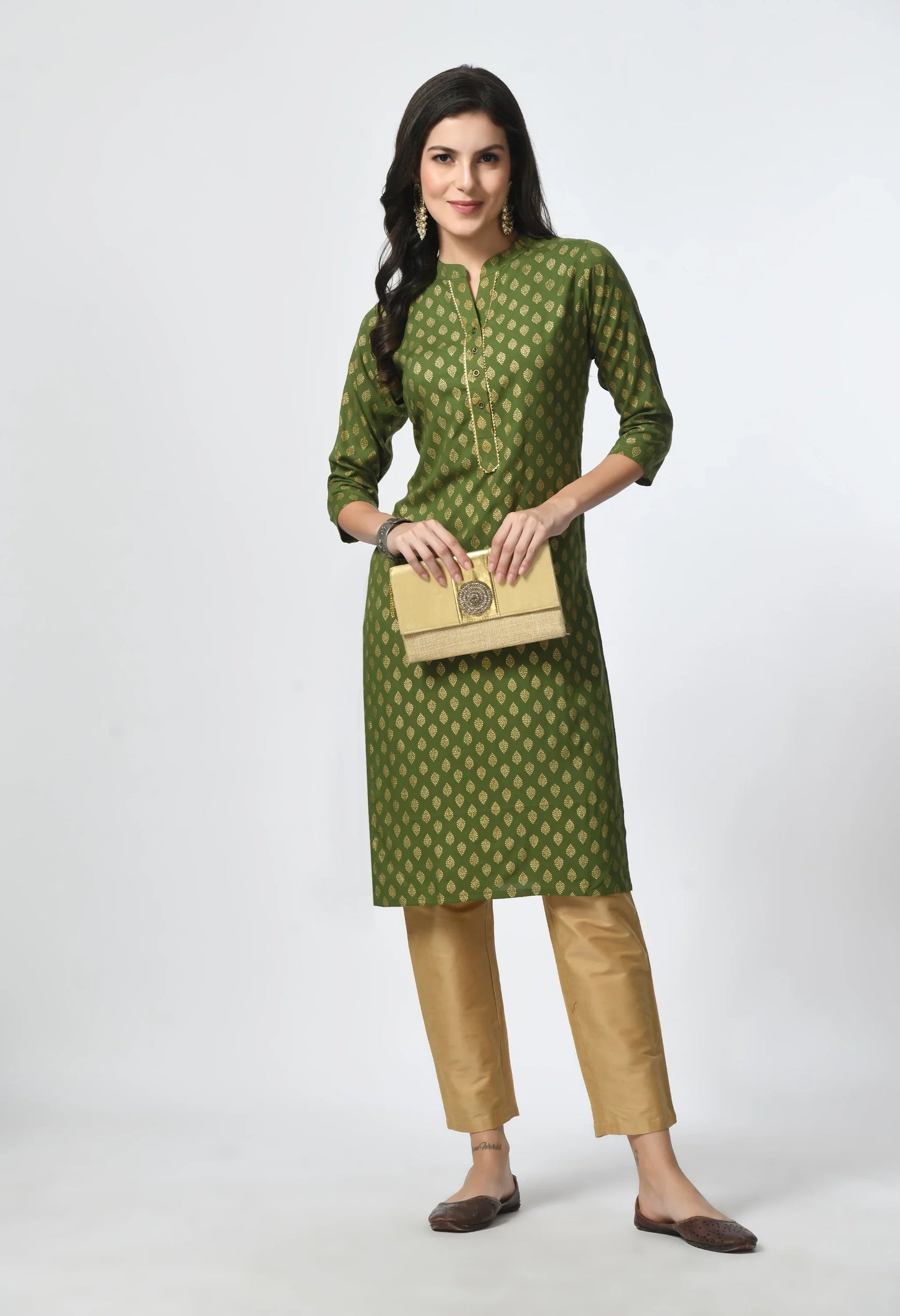 MAURYA Women's Green Rayon 12Kg Gold Floral Print Functional Button Straight Kurti (MKT121)