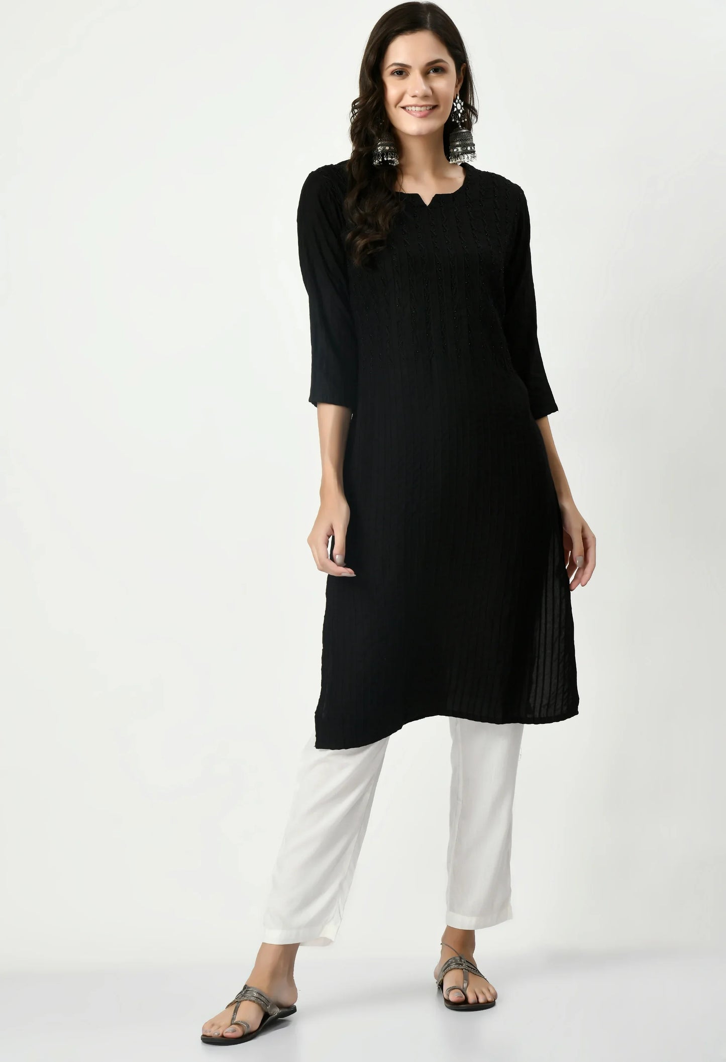 MAURYA Women's Pure Cotton Pintex Black Hand Work Calf Length Straight Kurti (MKT079)