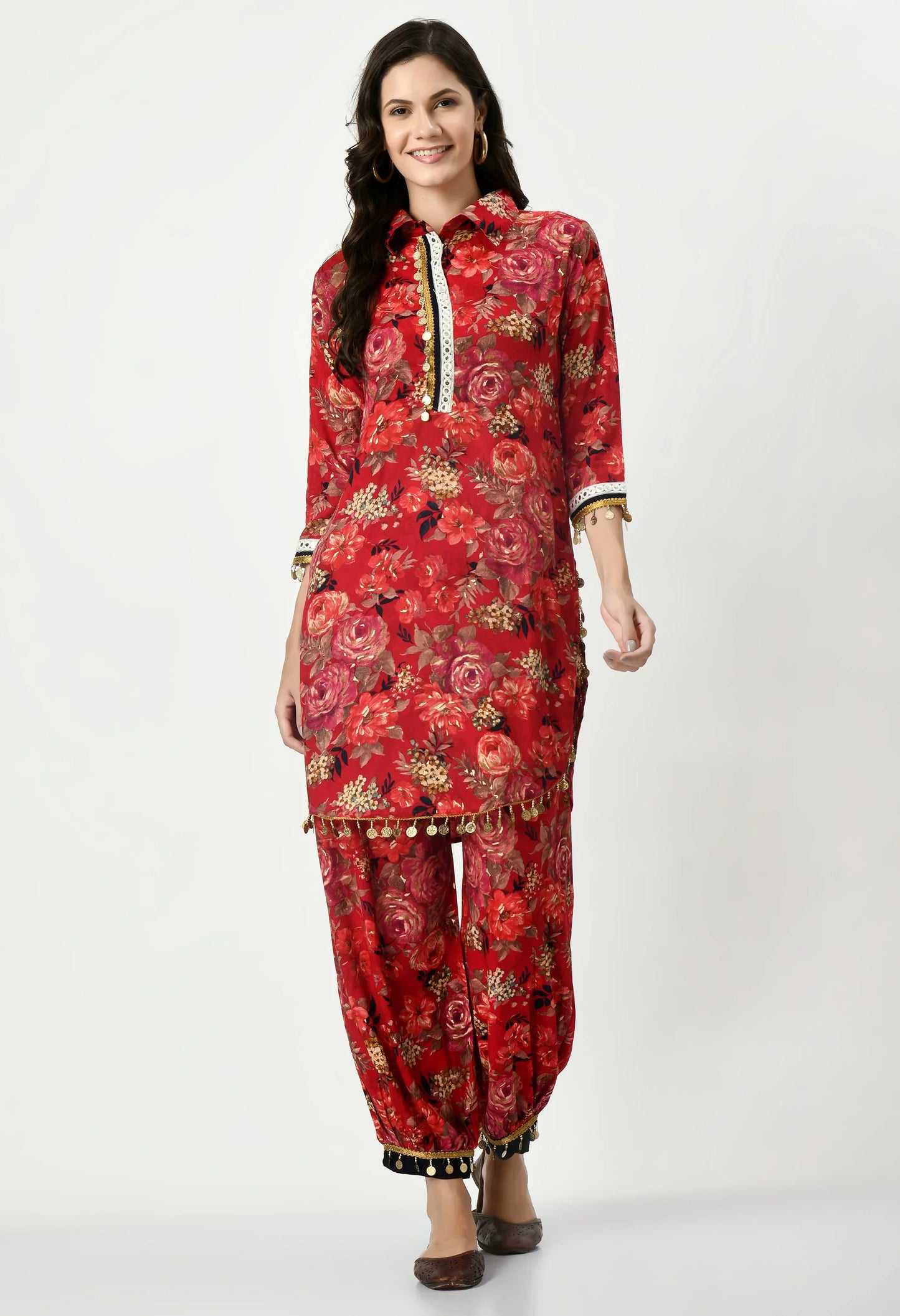 MAURYA Women's Rayon Red Floral Print Laced Ethnic Afgani Co-ord Set with 2 Side Pockets (MCS027)