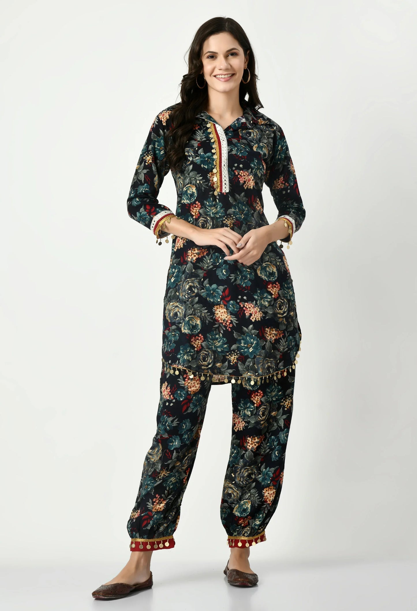 MAURYA Women's Rayon Black Floral Print Laced Ethnic Afgani Co-ord Set with 2 Side Pockets (MCS026)