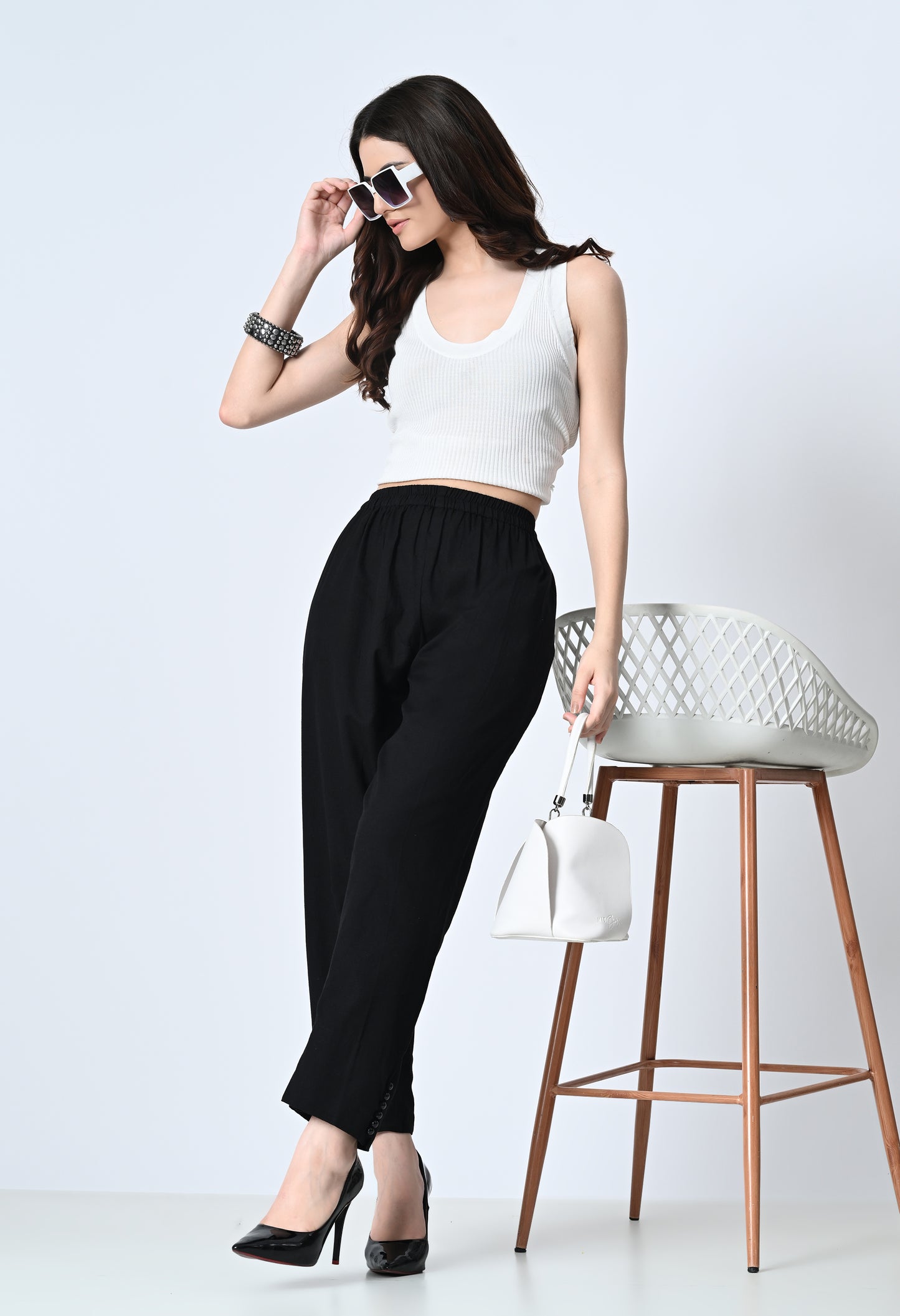 MAURYA Women's Black 100% Cotton Full-Elasticated Waist Regular Pant with 2 Side Pockets (MPT011)