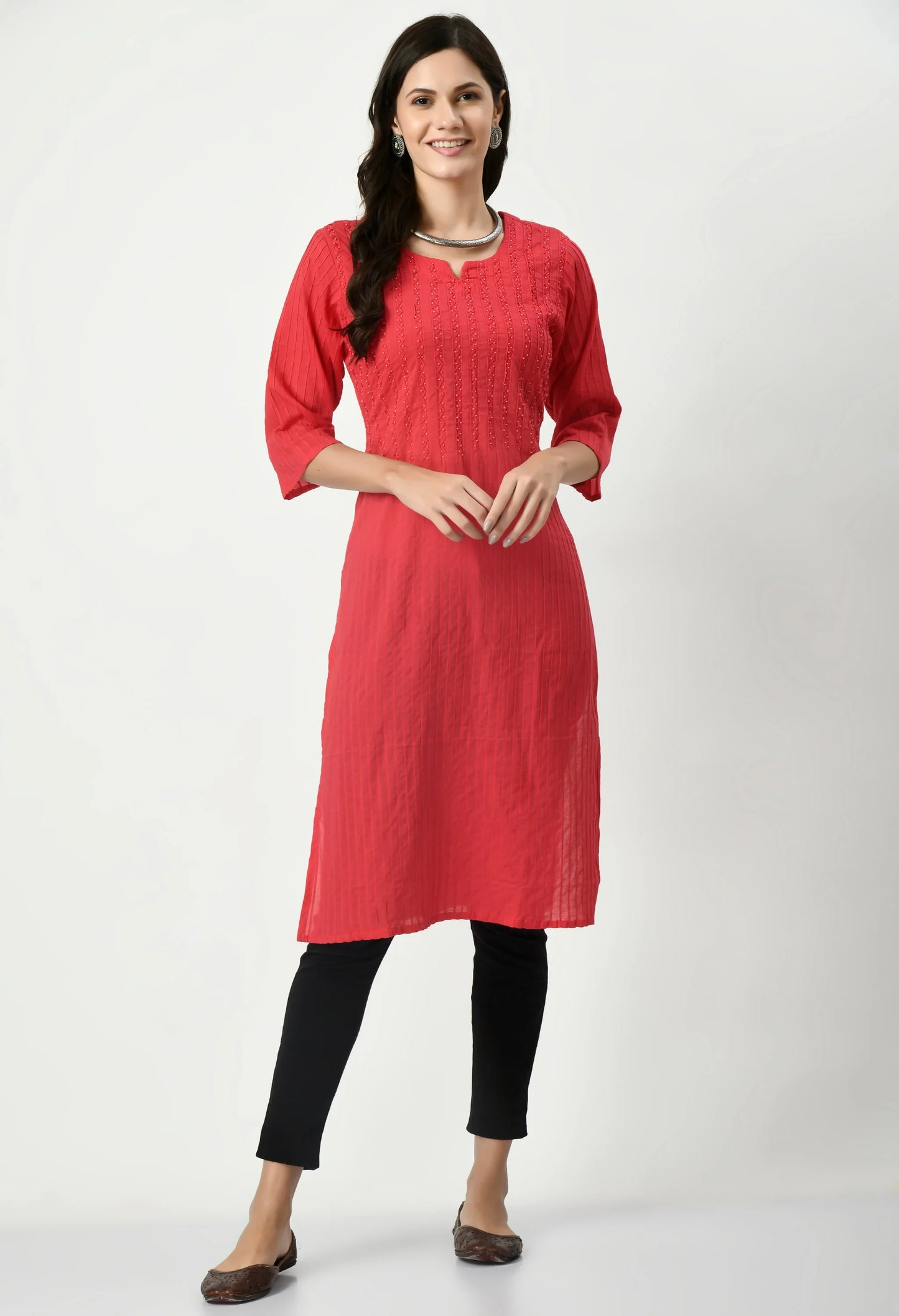 MAURYA Women's Pure Cotton Pintex Gajari Hand Work Calf Length Straight Kurti (MKT081)