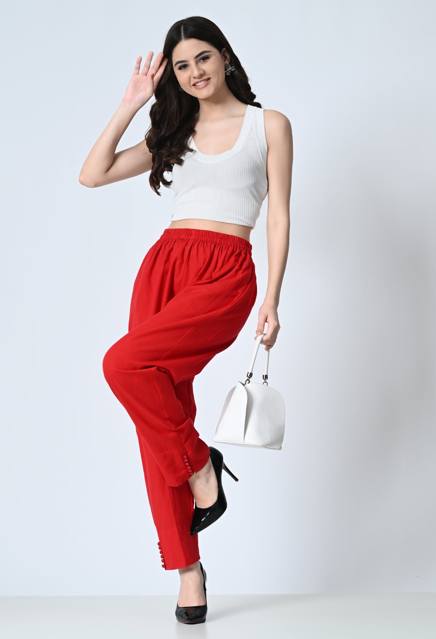 MAURYA Women's Red 100% Cotton Full-Elasticated Waist Regular Pant with 2 Side Pockets (MPT008)