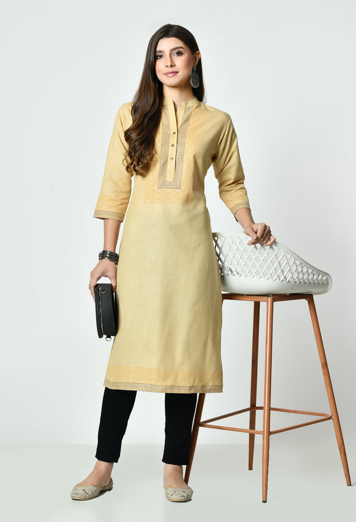 MAURYA Women's Fawn Colour Printed Straight Cotton Kurti (MKT152)