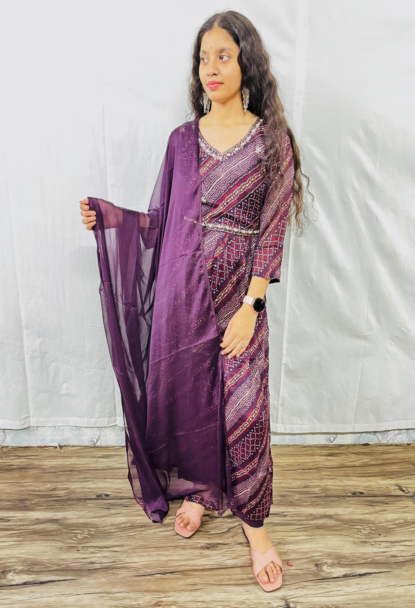 MAURYA Women Purple Printed Georgette Naira Set Set with Dupatta (WMKS019)