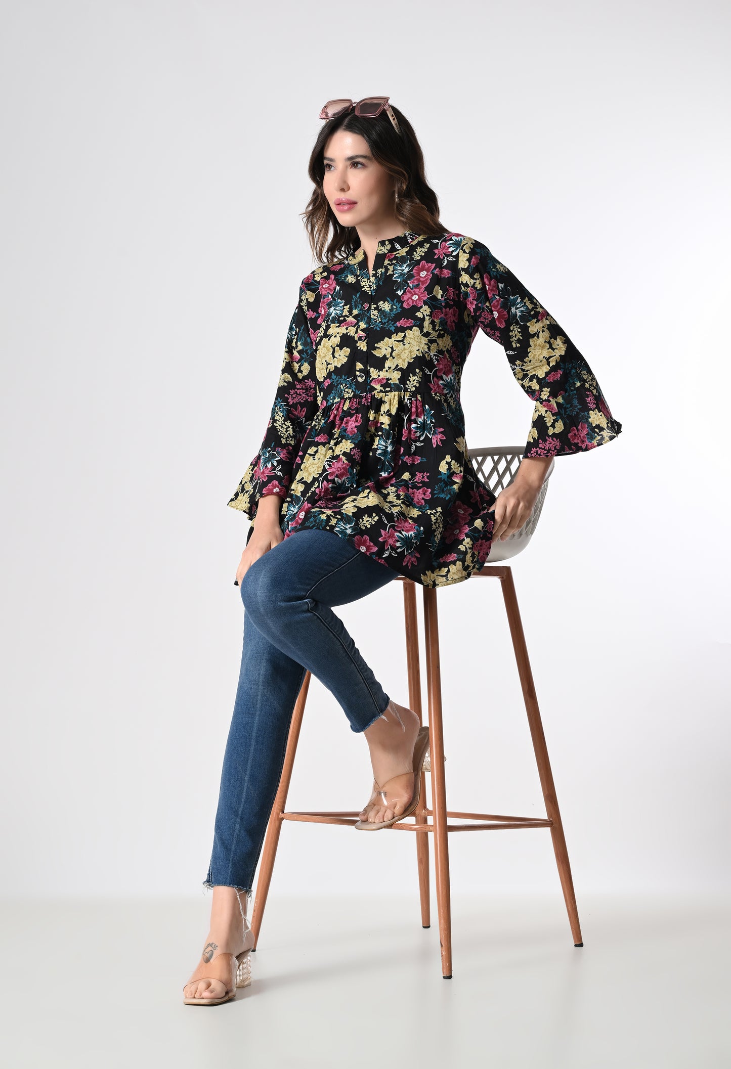 MAURYA Women's Black Color Floral Print Regular V Neck Top (MTOP006)