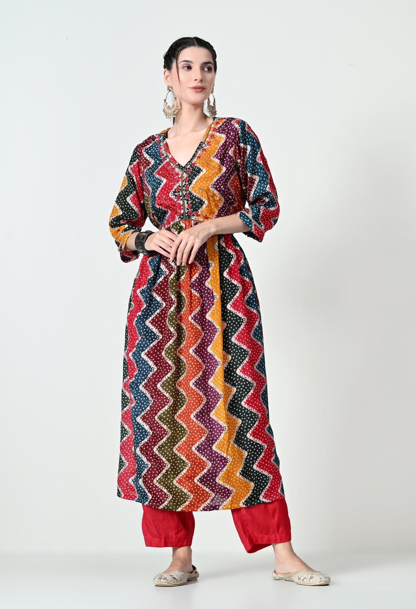 MAURYA Women's Chinon Silk Multicolor Printed V Neck Hand Work Stylish Kurta Set with Dupatta (WMKS008)