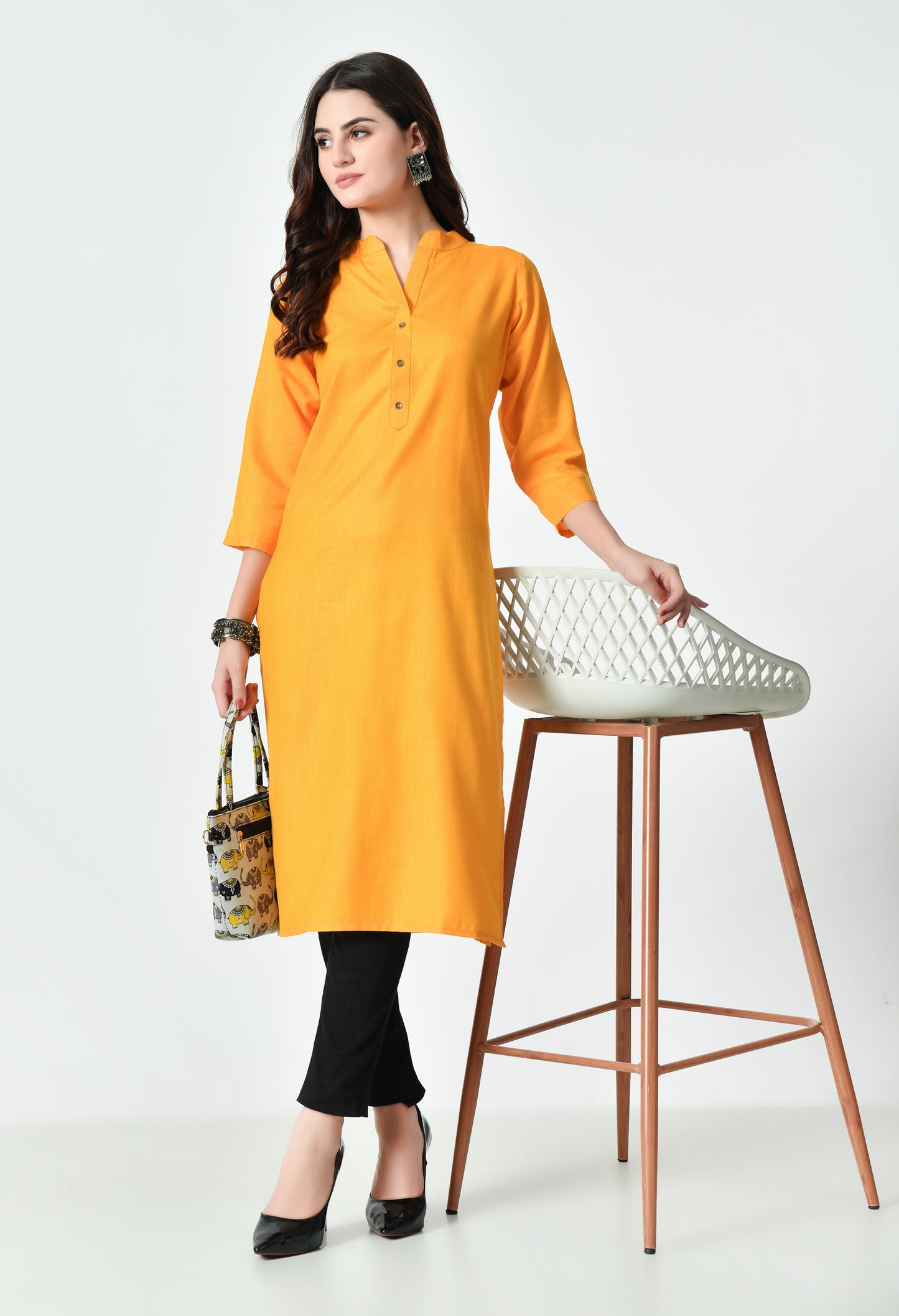 MAURYA Women's Orange Color Solid Cotton Blend Regular Straight Kurti (MKT131)