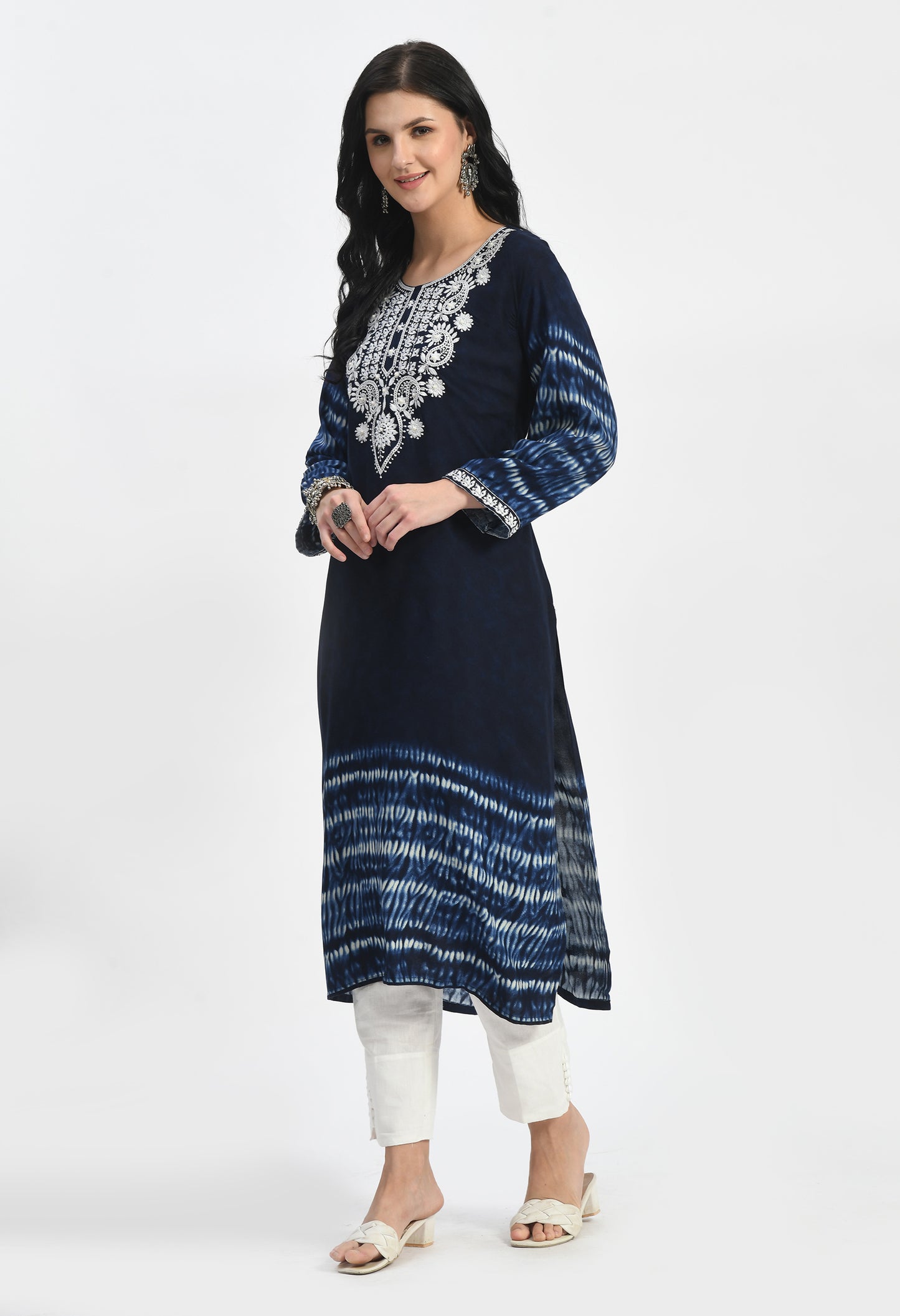 MAURYA Women's Navy Rayon Solid Straight Kurta with Lucknavy Embroidery Moti Work Kurti (MKT114)