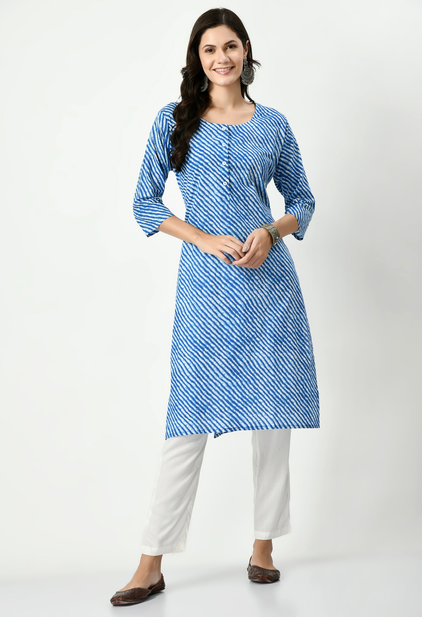 MAURYA Women's Cotton Blue Color Lehriya Print Calf Length Round Neck Straight Kurti (MKT075)