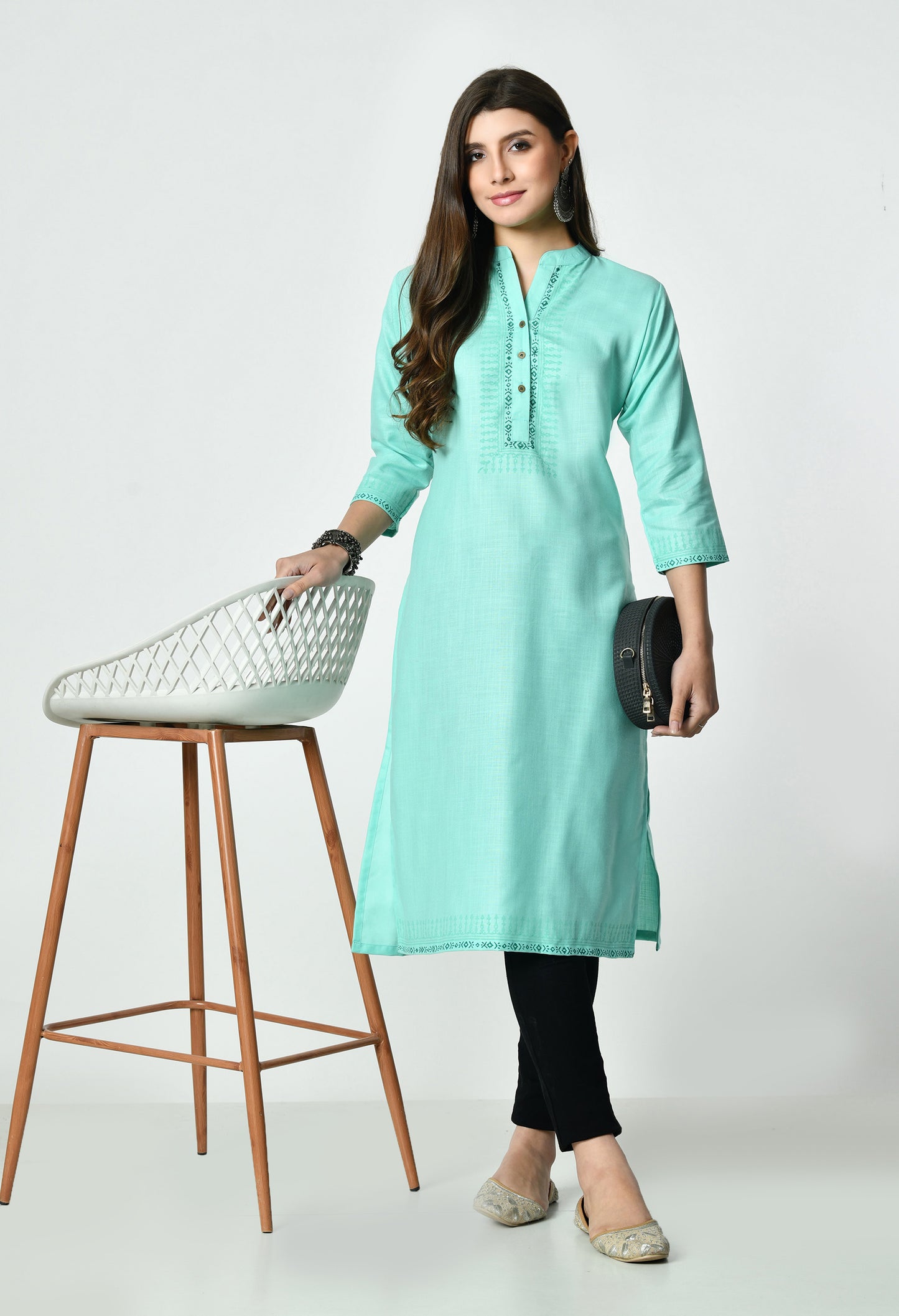 MAURYA Women's Aqua Blue Colour Printed Straight Cotton Kurti (MKT153)