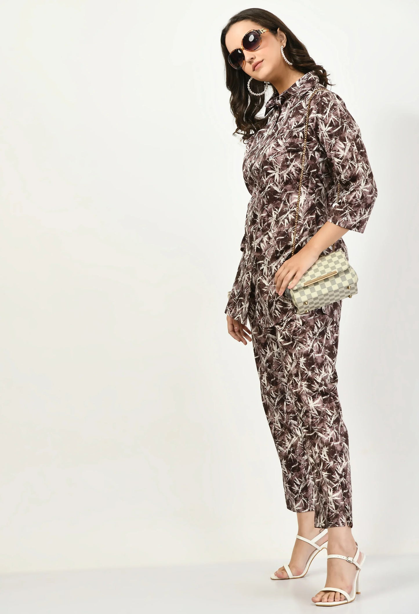 MAURYA Women's Brown Cotton Satin Printed Stylish Co-ord Set with 2 Side Pockets (MCS003)