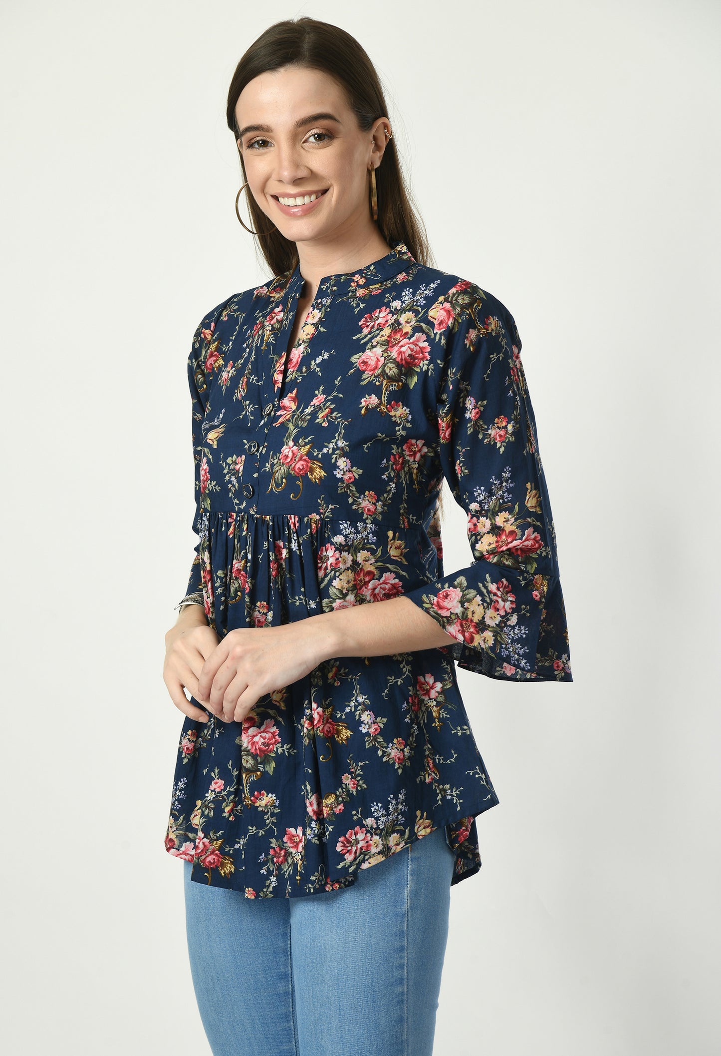 MAURYA Women's Blue Color Floral Print Regular V Neck Top (MTOP007)
