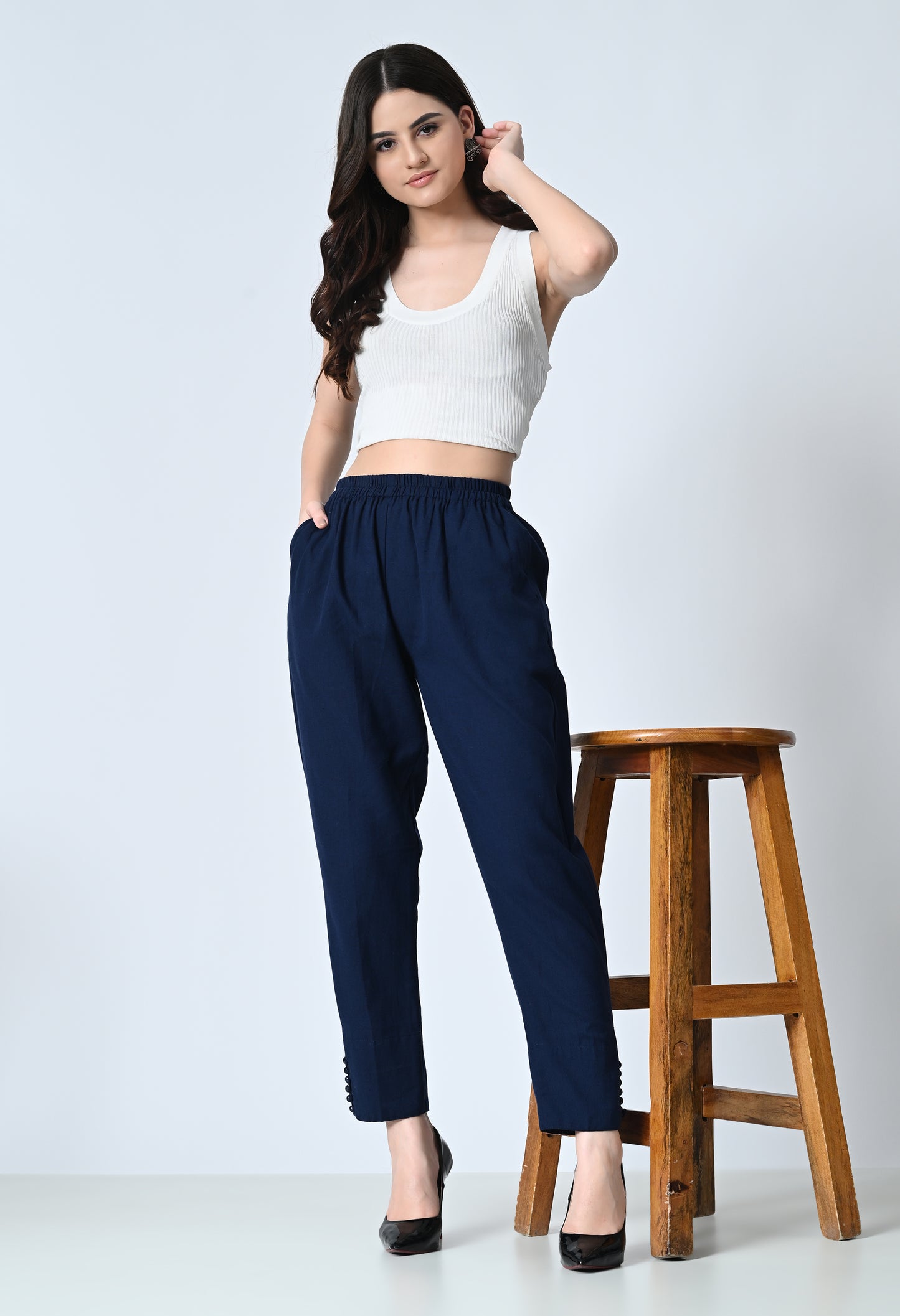 MAURYA Women's Navy 100% Cotton Full-Elasticated Waist Regular Pant with 2 Side Pockets (MPT009)
