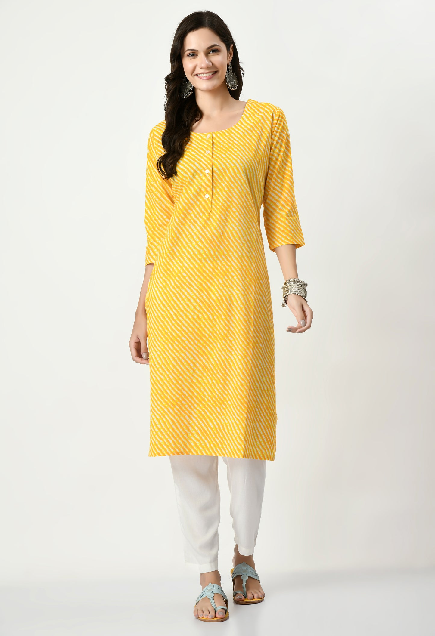 MAURYA Women's Cotton Yellow Color Lehriya Print Calf Length Round Neck Straight Kurti (MKT078)