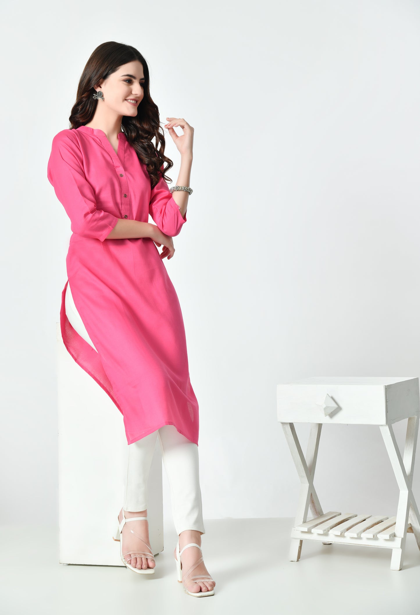 MAURYA Women's Pink Color Solid Cotton Blend Regular Straight Kurti (MKT125)