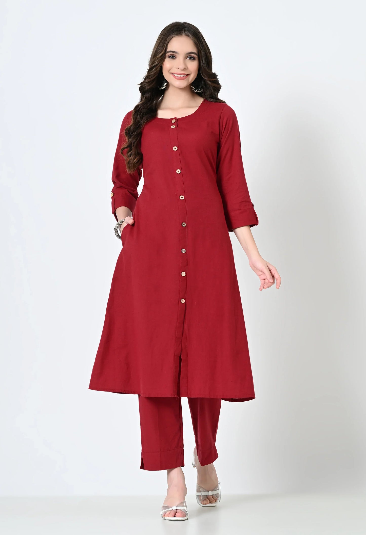 MAURYA Women's Cotton Flex Solid Maroon A line Buttoned Kurta with Pant with 2 Side Pocket (MKS046)