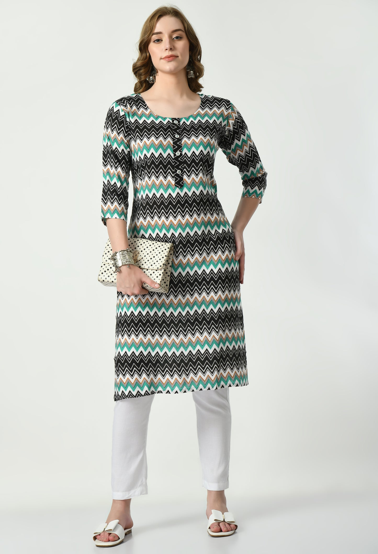 MAURYA Women's Rayon Rama Colour Zig-Zag Print Calf Length Straight Kurta with Buttons (MKT091)