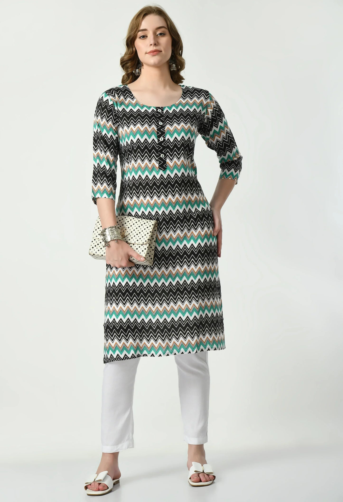 MAURYA Women's Rayon Rama Colour Zig-Zag Print Calf Length Straight Kurta with Buttons (MKT091)