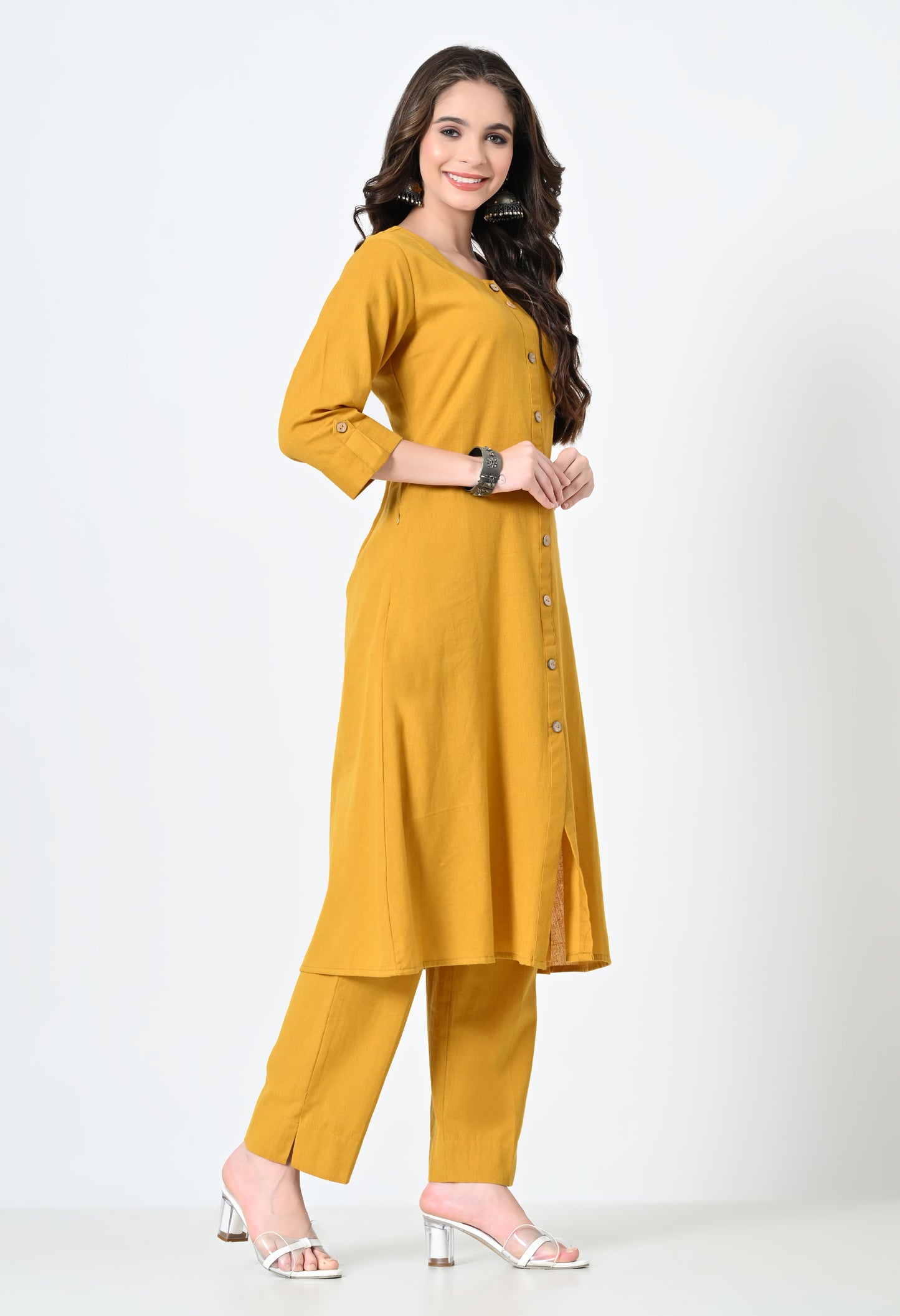 MAURYA Women's Cotton Flex Solid Mustard A line Buttoned Kurta with Pant with 2 Side Pocket (MKS044)