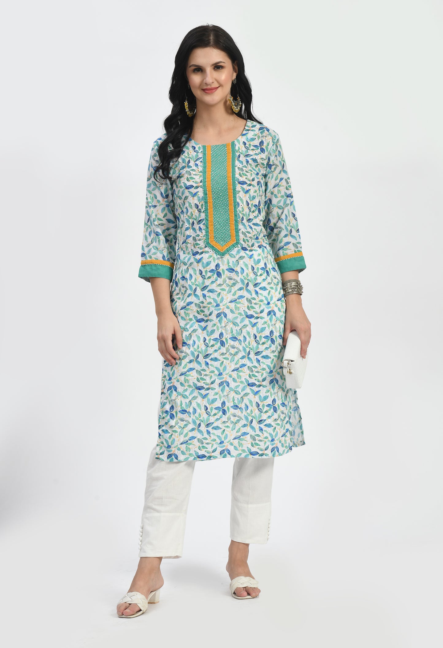 MAURYA Women's Blue Cotton 60*60 Straight Leaf Print Kurta with Shifly Chiken Work Kurti (MKT120)