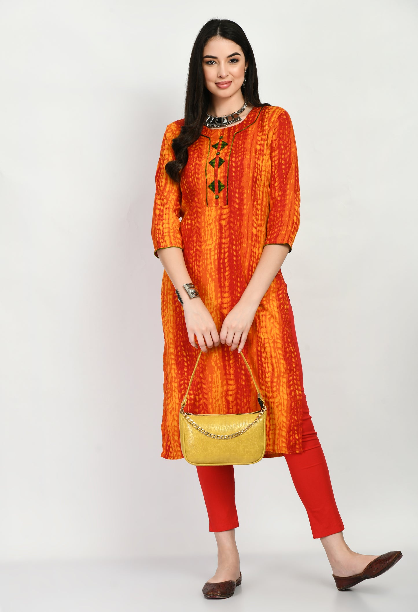 MAURYA Women's Rayon Rust Color Batik Print Calf Length Straight Kurti (MKT024)