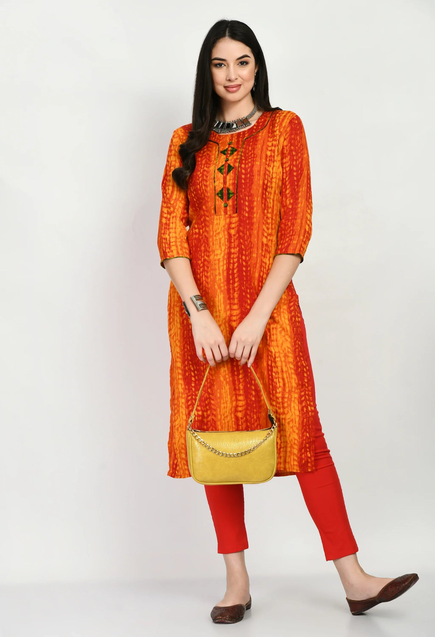 MAURYA Women's Rayon Rust Color Batik Print Calf Length Straight Kurti (MKT024)