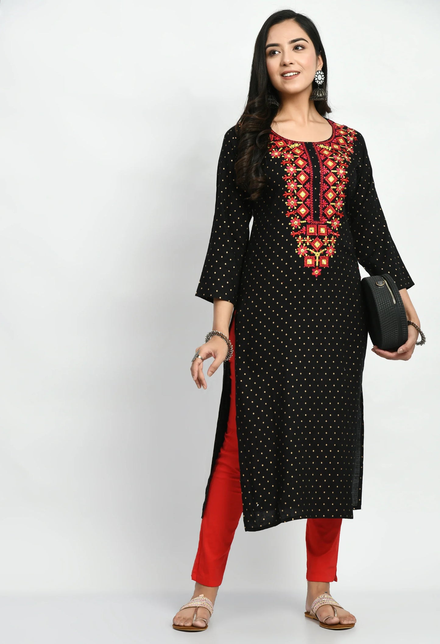 MAURYA Women's Rayon Slub Black Solid Mirror Embroidery Calf Length Straight Kurti (MKT048)