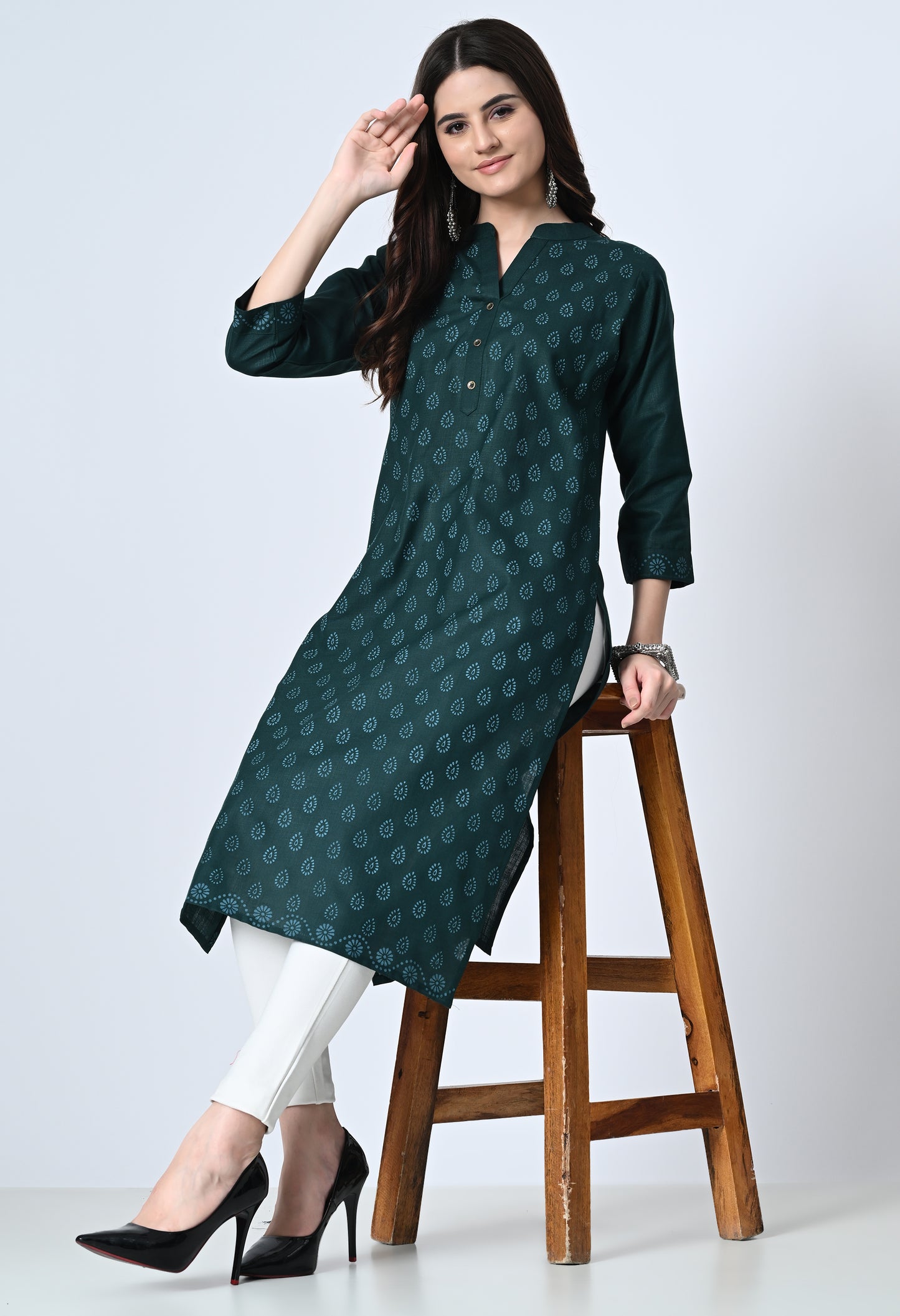 MAURYA Women's Cotton Blend Printed Bottle Green Calf Length High Neck Straight Kurta (MKT137)