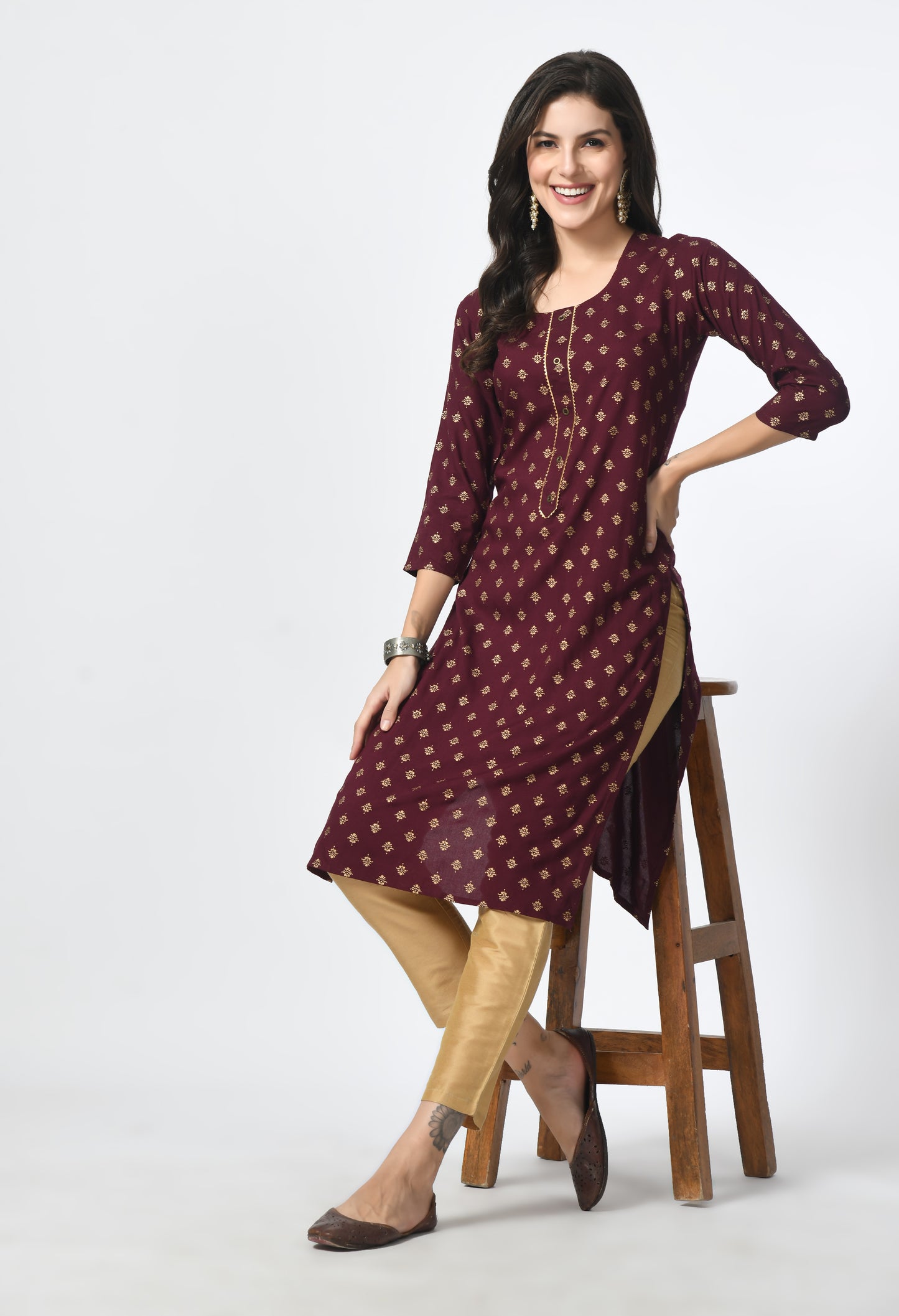 MAURYA Women's Wine Rayon 12Kg Gold Floral Print Lace with Button Straight Kurti (MKT119)